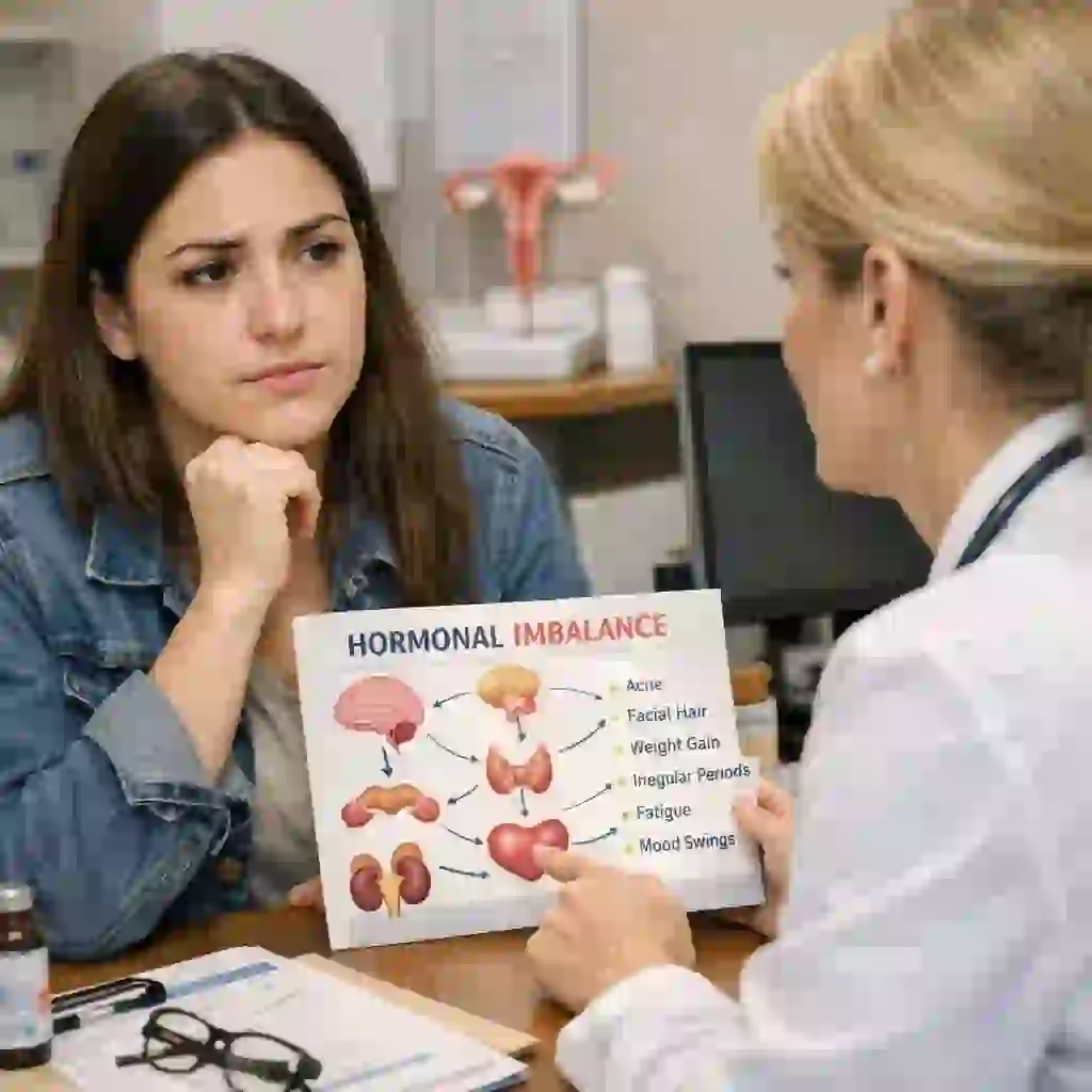 A detailed diagram illustrating how hormonal imbalances, such as PCOS or menopause, can impact your body and make it incredibly difficult to get rid of facial hair permanently at home without the proper targeted treatment.