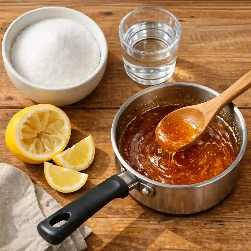 A person preparing a natural DIY sugar wax paste using simple ingredients like sugar and lemon juice, which serves as an economical alternative step as you plan to get rid of facial hair permanently at home.