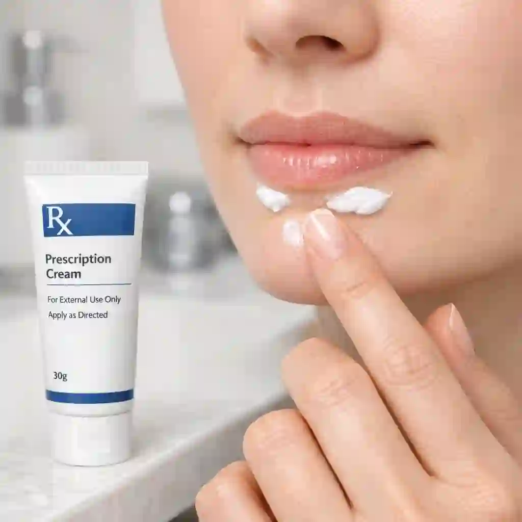 A tube of medical prescription cream formulated specifically to slow down and delay unwanted follicle growth at the source, supporting your overall journey to get rid of facial hair permanently at home.