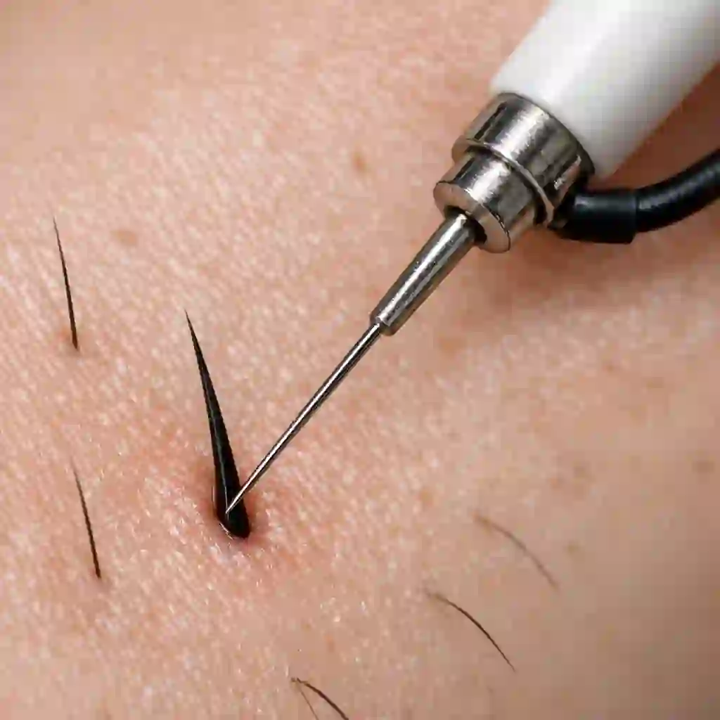 A macro and detailed illustration of the electrolysis process delivering an electrical current directly into a single hair follicle, showcasing the only FDA-approved way to get rid of facial hair permanently at home.