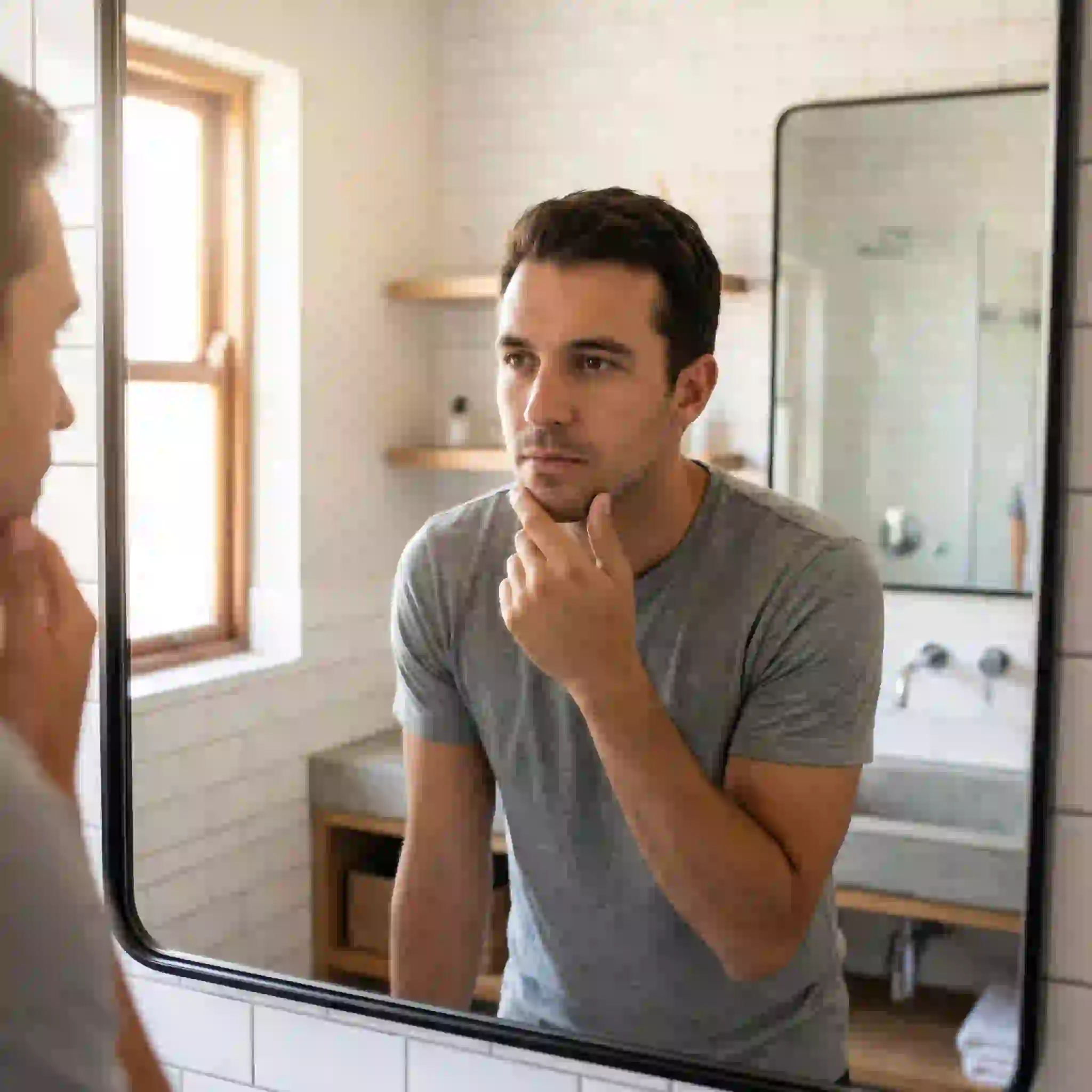 A confident man wondering how would you look with a beard contemplating his style choice before deciding to grow facial hair and transform his appearance completely.