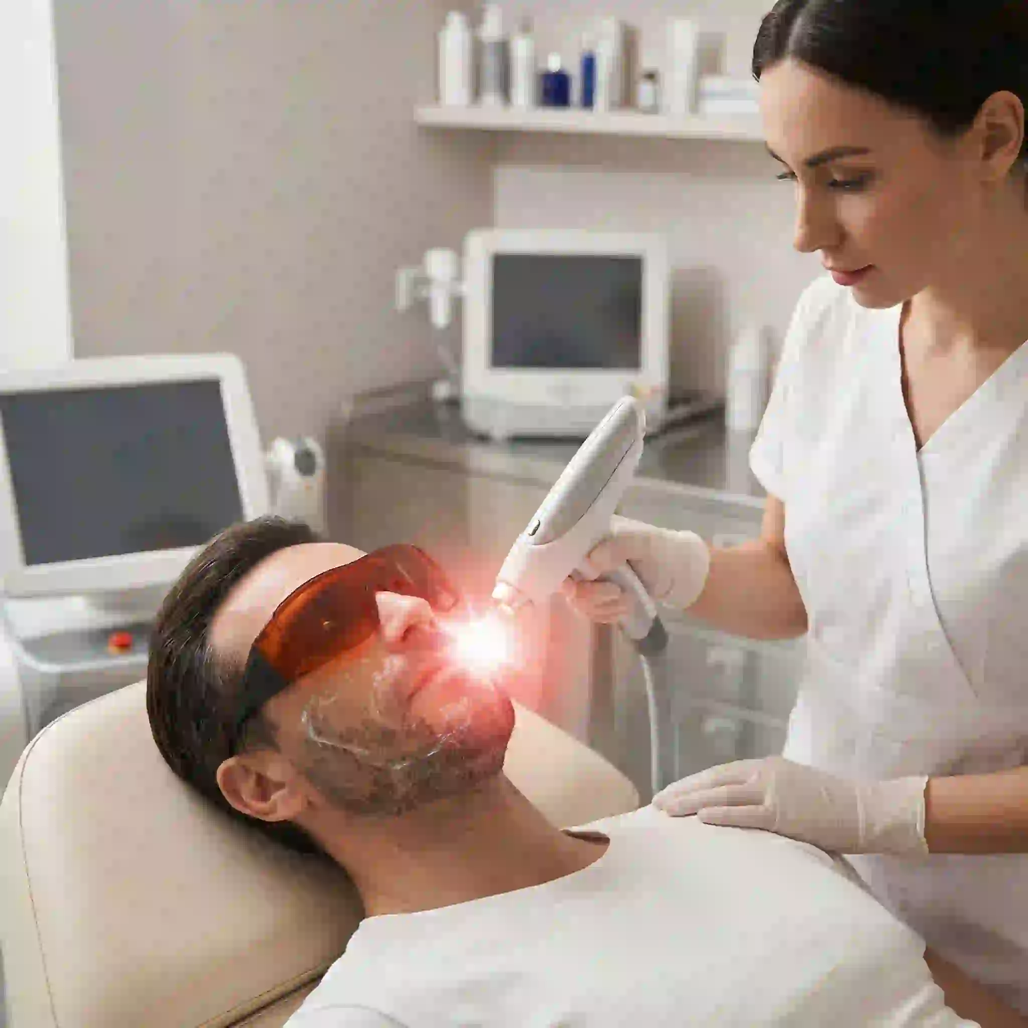 A male patient wearing protective eyewear while receiving treatment from an advanced cosmetic laser system, illustrating the real-world experience of undergoing a professional permanent beard removal procedure.