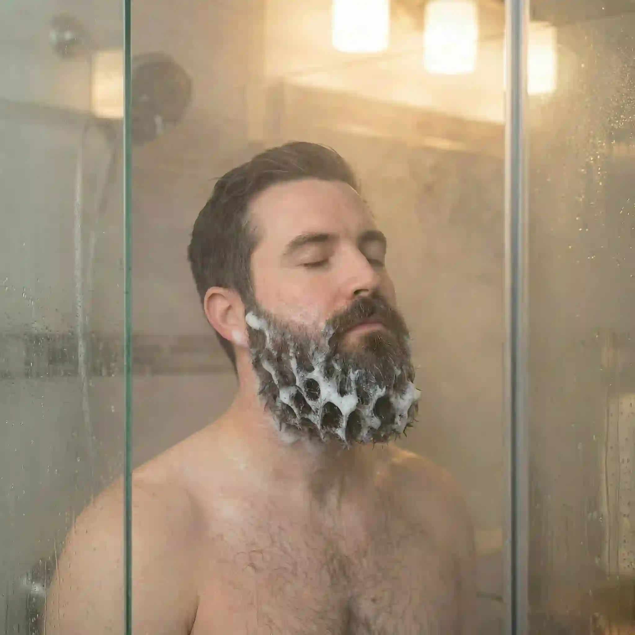 beard dandruff shampoo timing guide showing medicated lather resting three to five minutes so active ingredients can work effectively on irritated skin