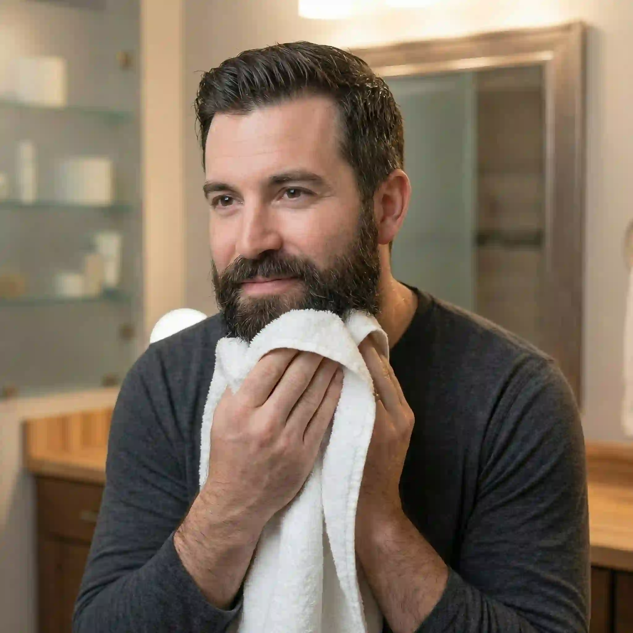beard dandruff shampoo aftercare image showing thorough rinsing and gentle towel drying to prevent residue, friction, and renewed beard irritation