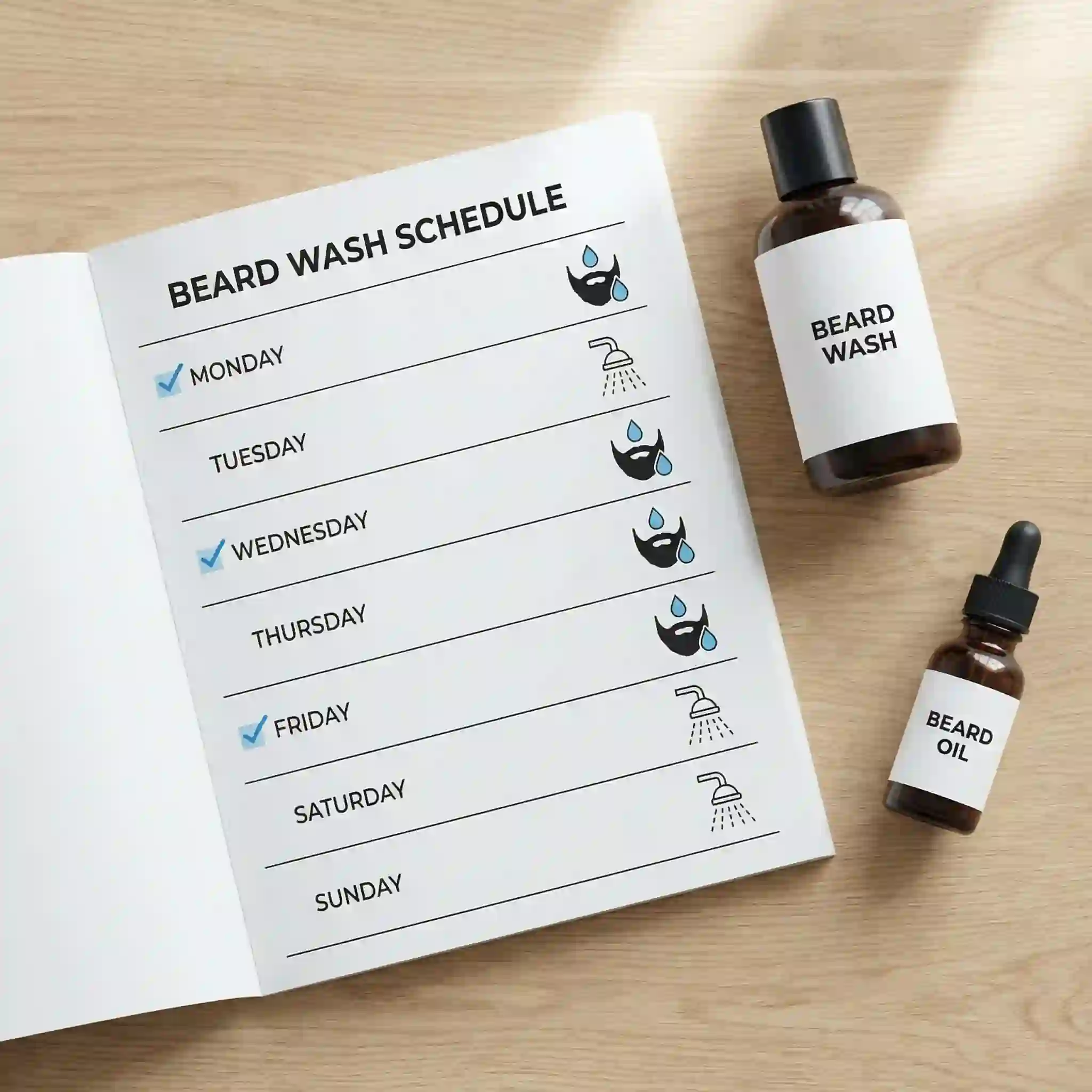 beard dandruff shampoo schedule showing balanced weekly washing that controls flakes while avoiding over-washing, dryness, oil rebound, and facial irritation