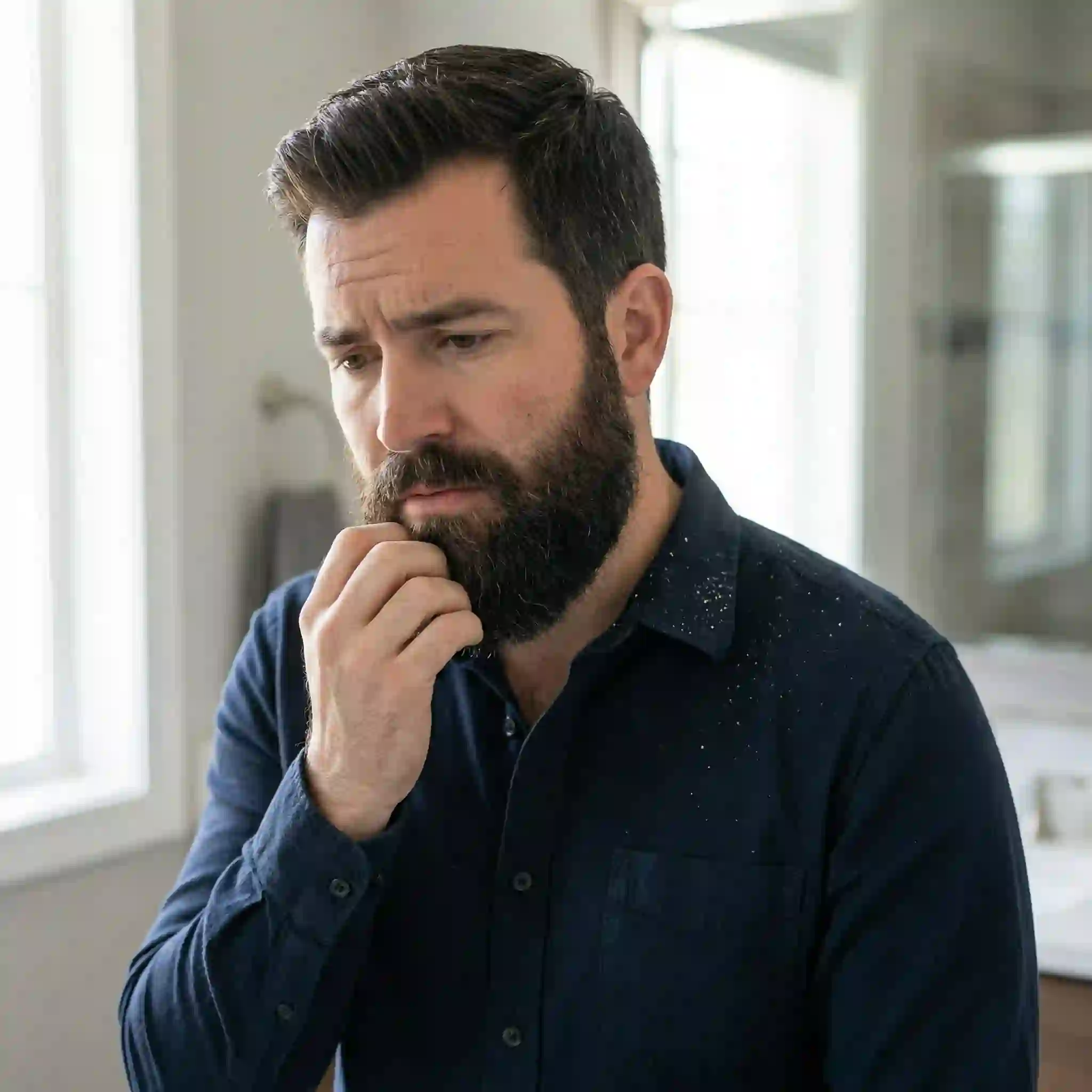beard dandruff shampoo symptom guide showing visible white flakes, irritated skin, persistent itch, and scaly patches that appear under facial hair