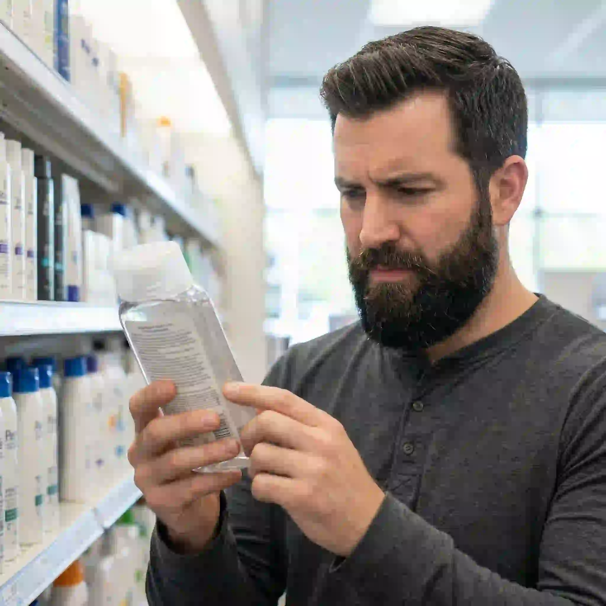 beard dandruff shampoo label warning against harsh sulfates, drying alcohols, and artificial fragrance that may aggravate sensitive skin under beards quickly