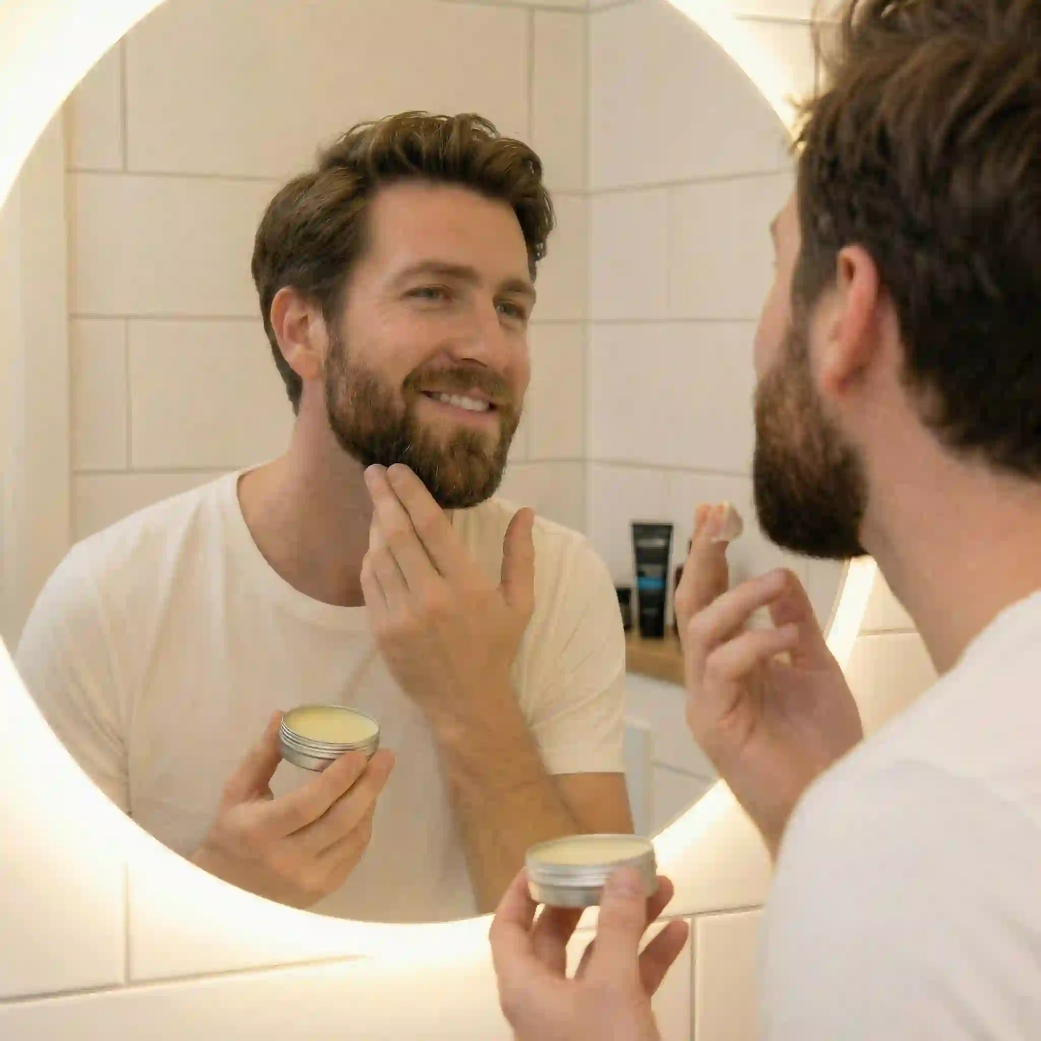 Finished styled beard with balm and wax demonstrating a beard enhancer finish that controls flyaways, adds hold, and keeps facial hair groomed longer.