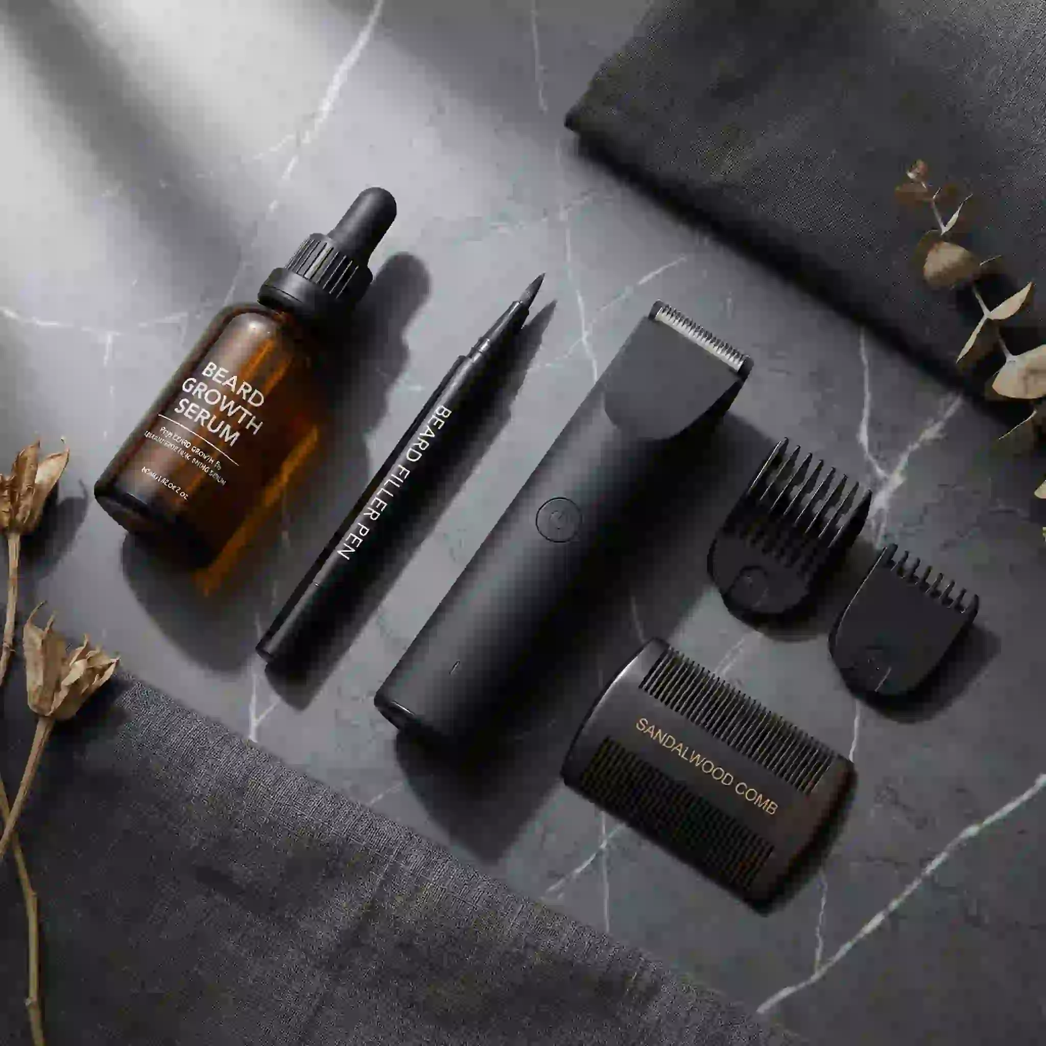 Complete beard enhancer system with growth serum, filler pen, thickening spray, and precision tools arranged to compare long-term density support with instant patch coverage.