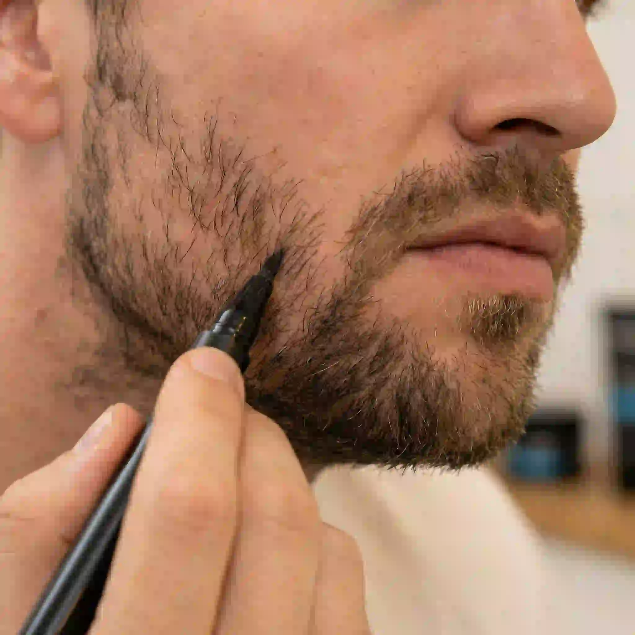 Patchy beard filler pen used as a beard enhancer for sparse cheeks, creating natural hair-like strokes that blend gaps before meetings, dates, or photos.