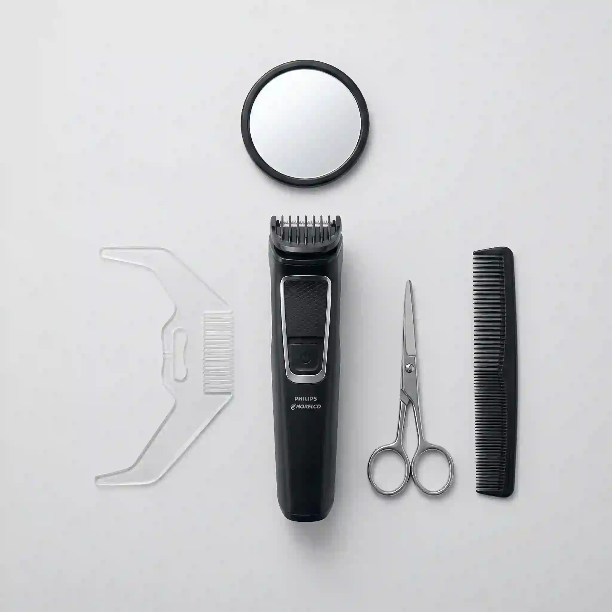 Beard trimming tools arranged as a practical beard enhancer kit for goatee prep, symmetrical outlines, length control, and cleaner beginner grooming results.