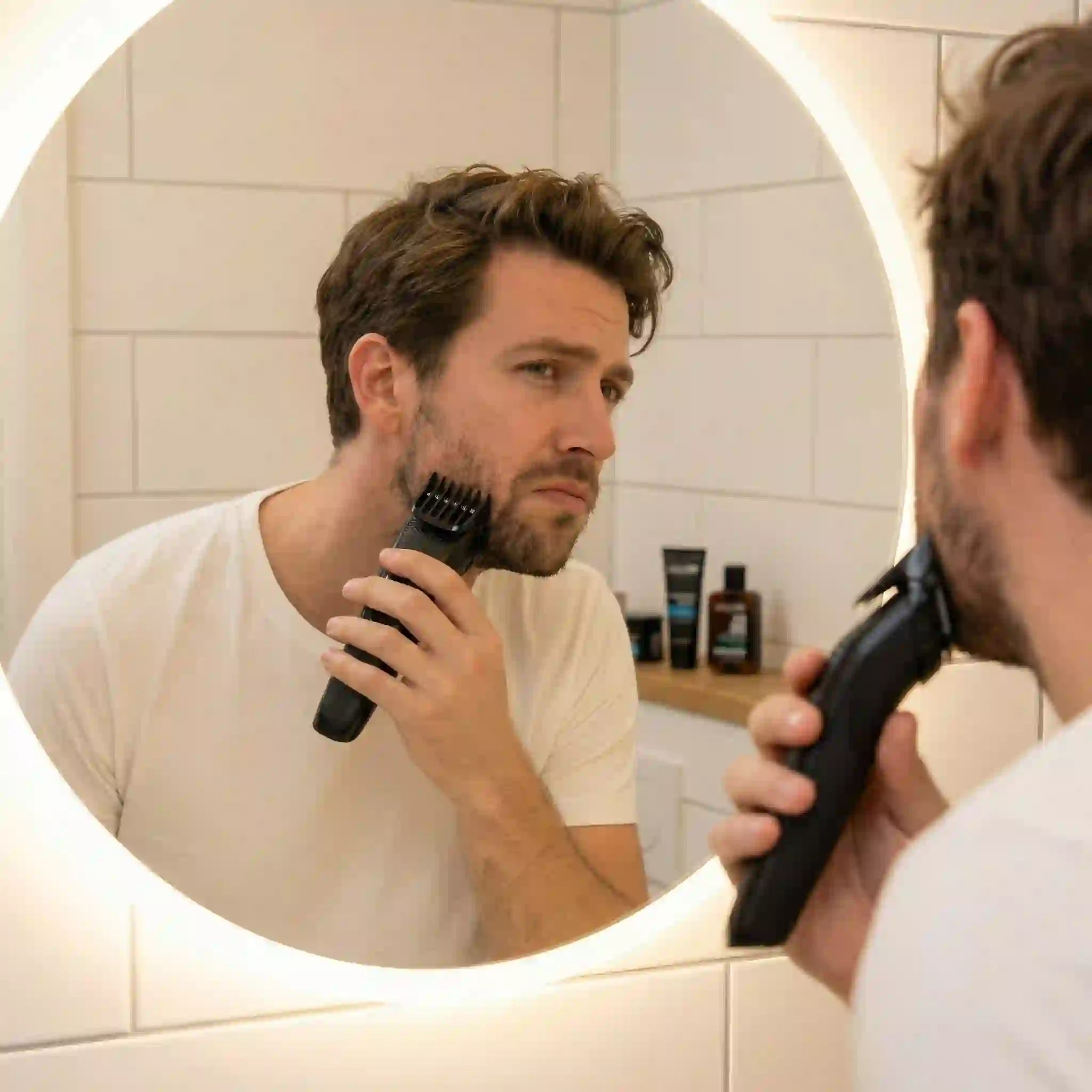 Initial goatee trim using a guarded trimmer as a beard enhancer technique to even length, remove bulk, and prepare sharper facial hair lines.