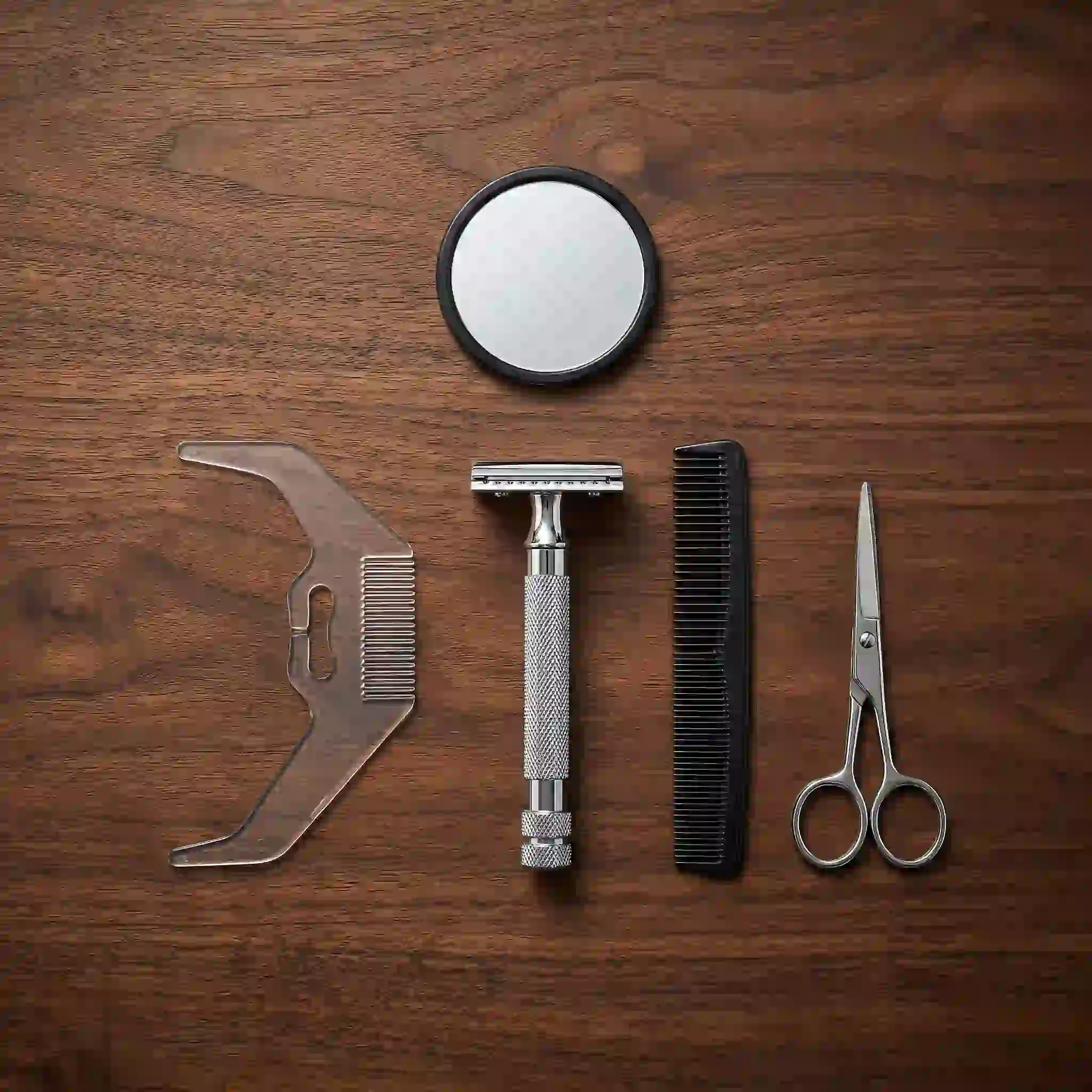 Beard shaping kit with comb, scissors, and razor shown as a beard enhancer solution for symmetrical edges, stray hair control, and polished styling.