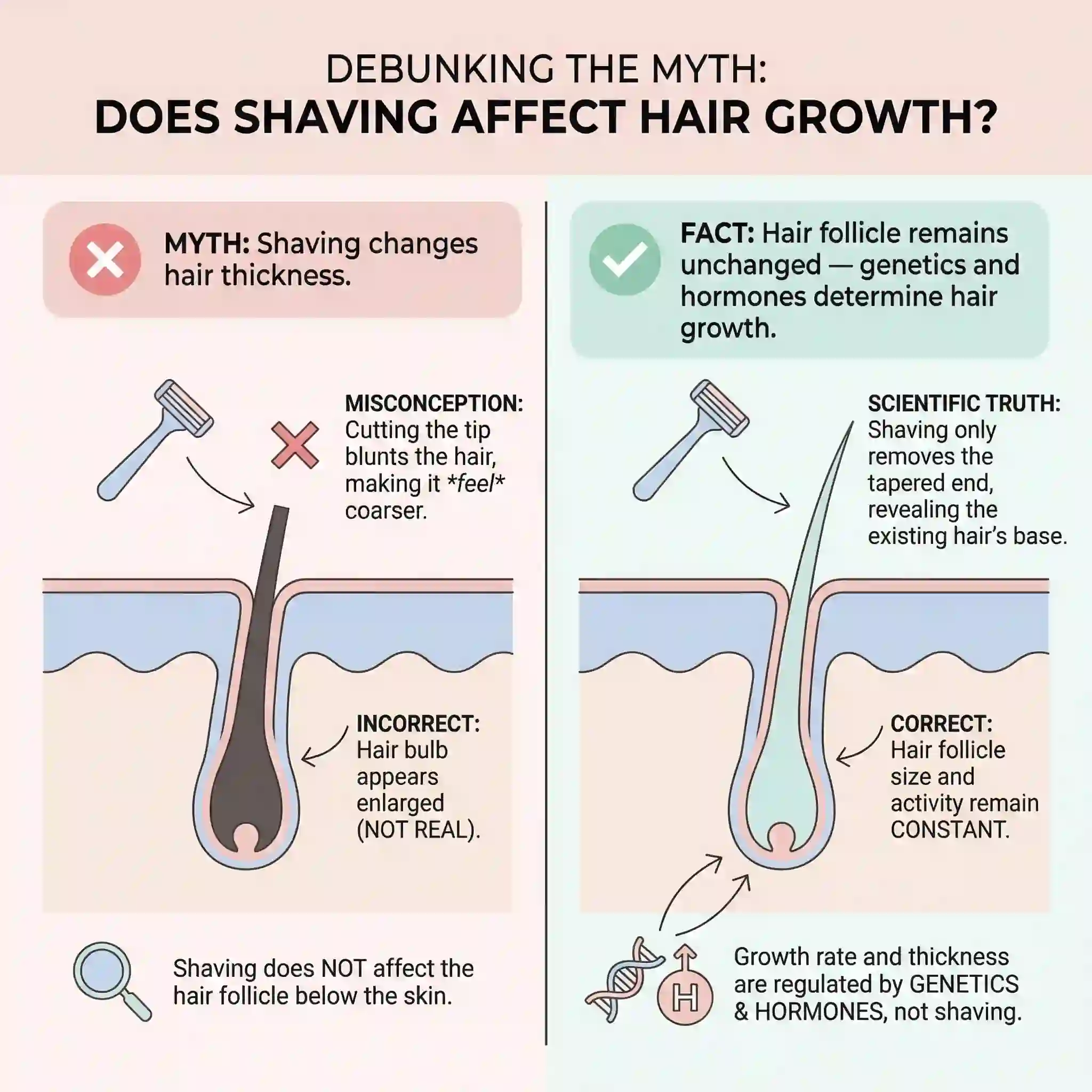 best face shaver for women myth explanation showing why shaving cuts hair at the surface and does not change follicle thickness or growth rate.
