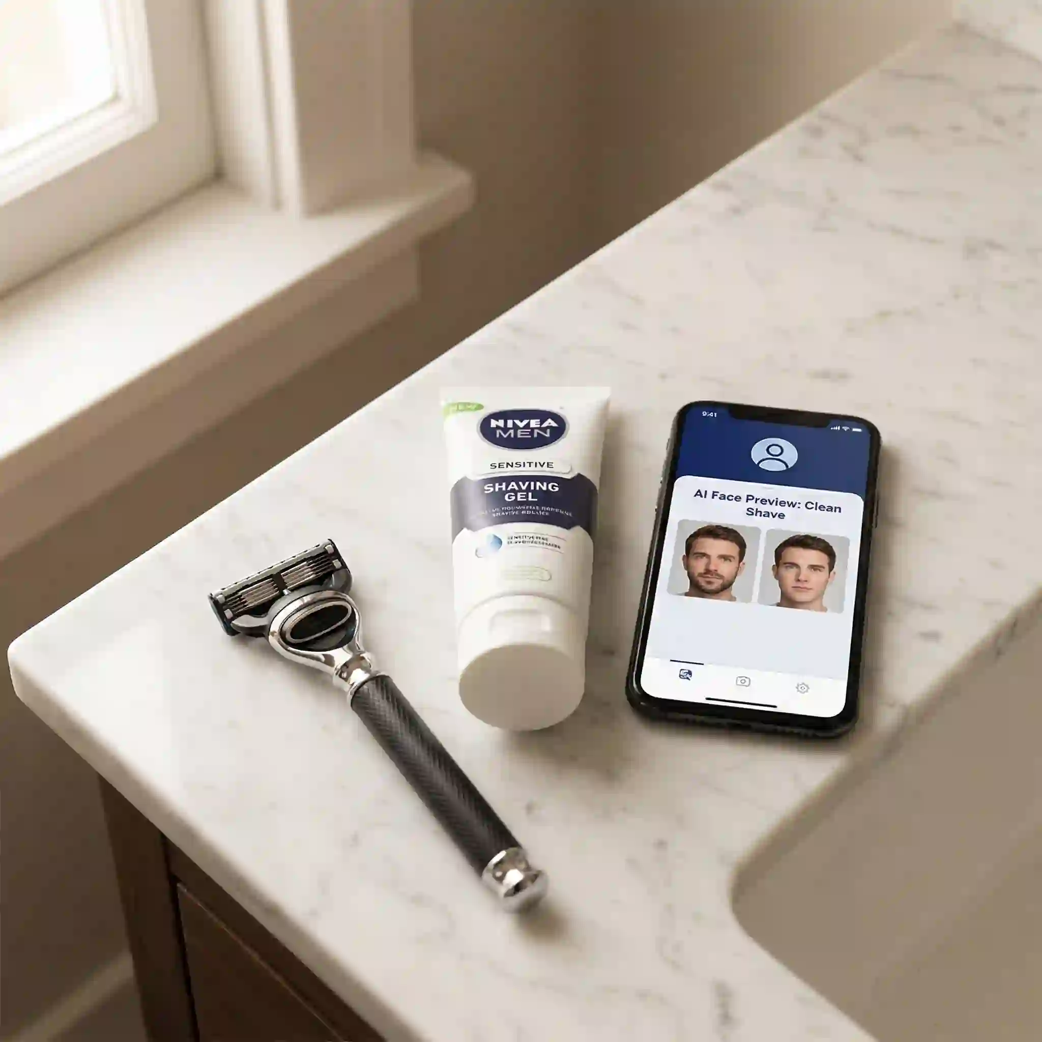 A confident clean shaven man previewing a smooth face before shaving, showing how grooming tools and AI planning support a polished everyday look.