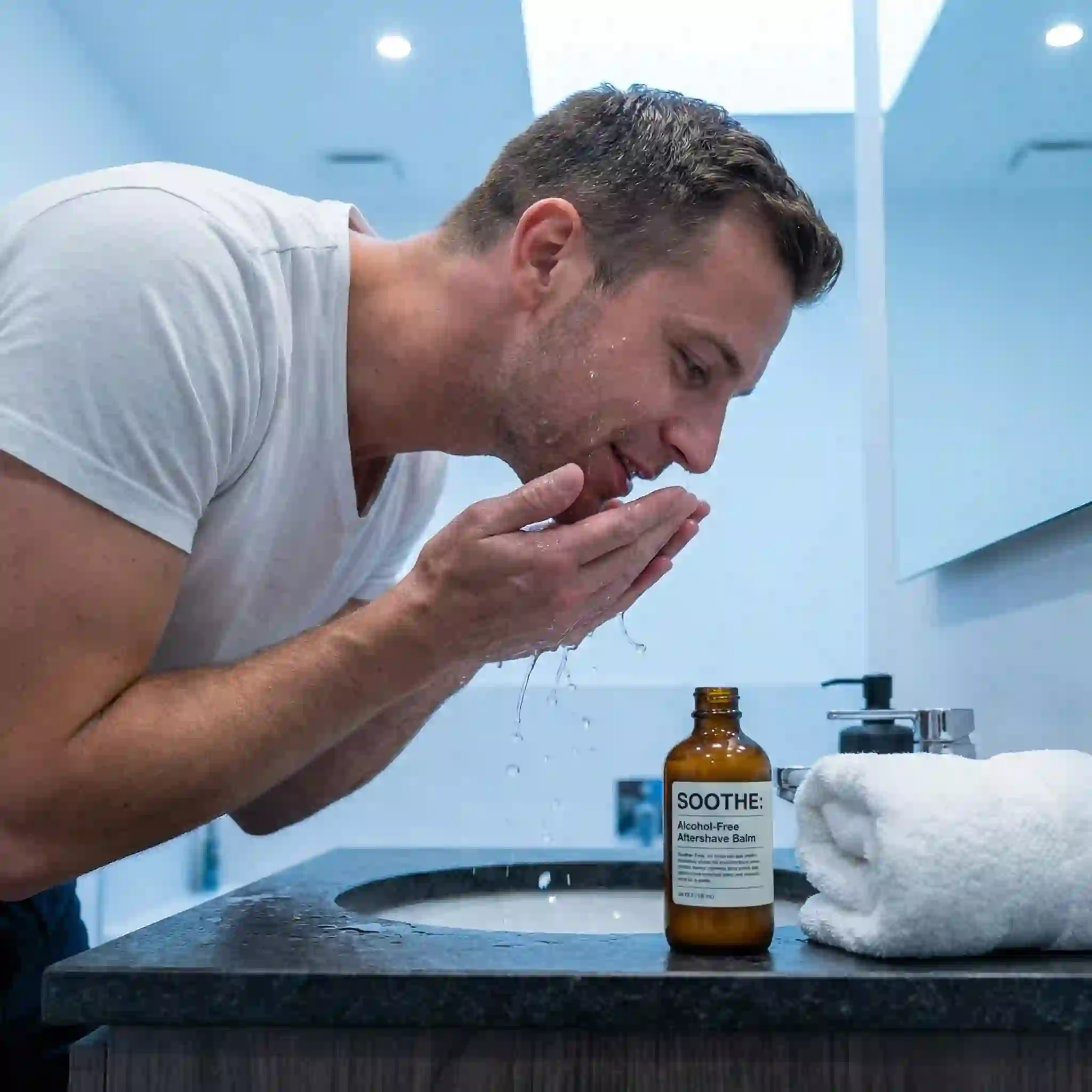 Cold water rinse and soothing aftershave after a clean shaven pass, calming pores and reducing redness without harsh alcohol products.
