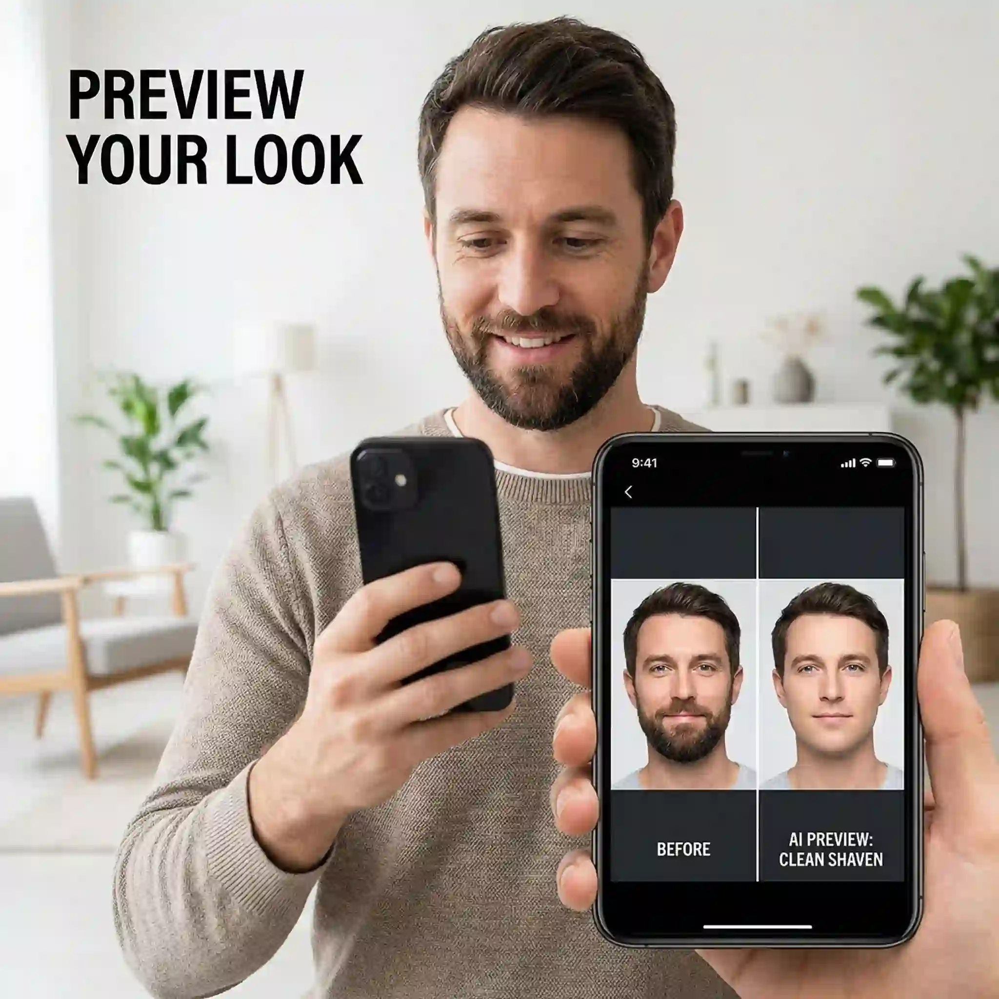 AI preview of a clean shaven look in different life scenarios, helping users compare professional and casual photos before shaving.