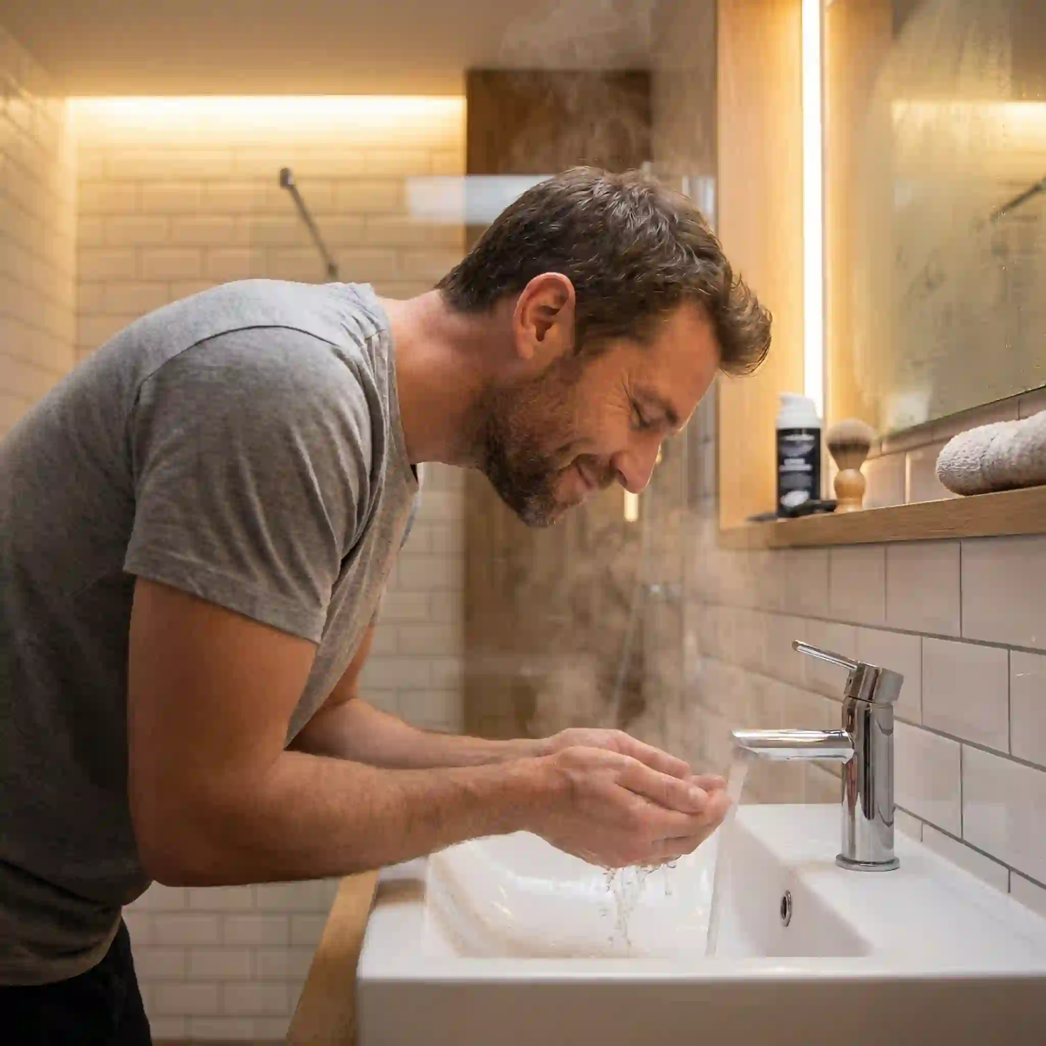 Warm water cleansing before a clean shaven routine, preparing skin and beard hair so the razor glides with less pulling.