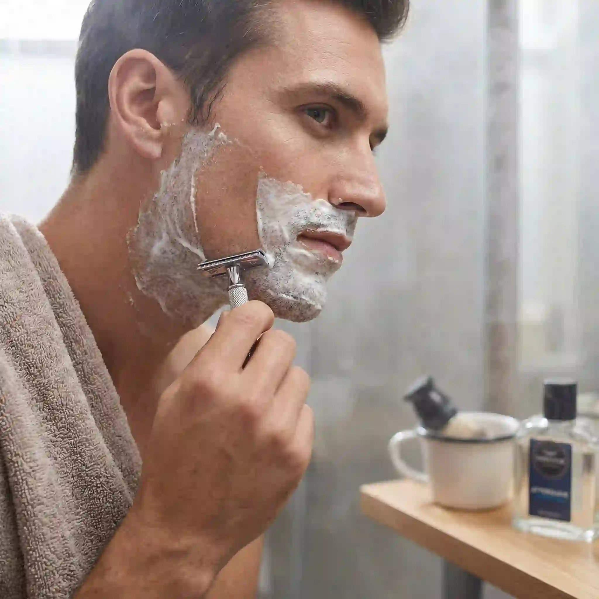 Optional against the grain pass for an ultra close clean shaven finish, shown as a careful technique for resilient non sensitive skin.