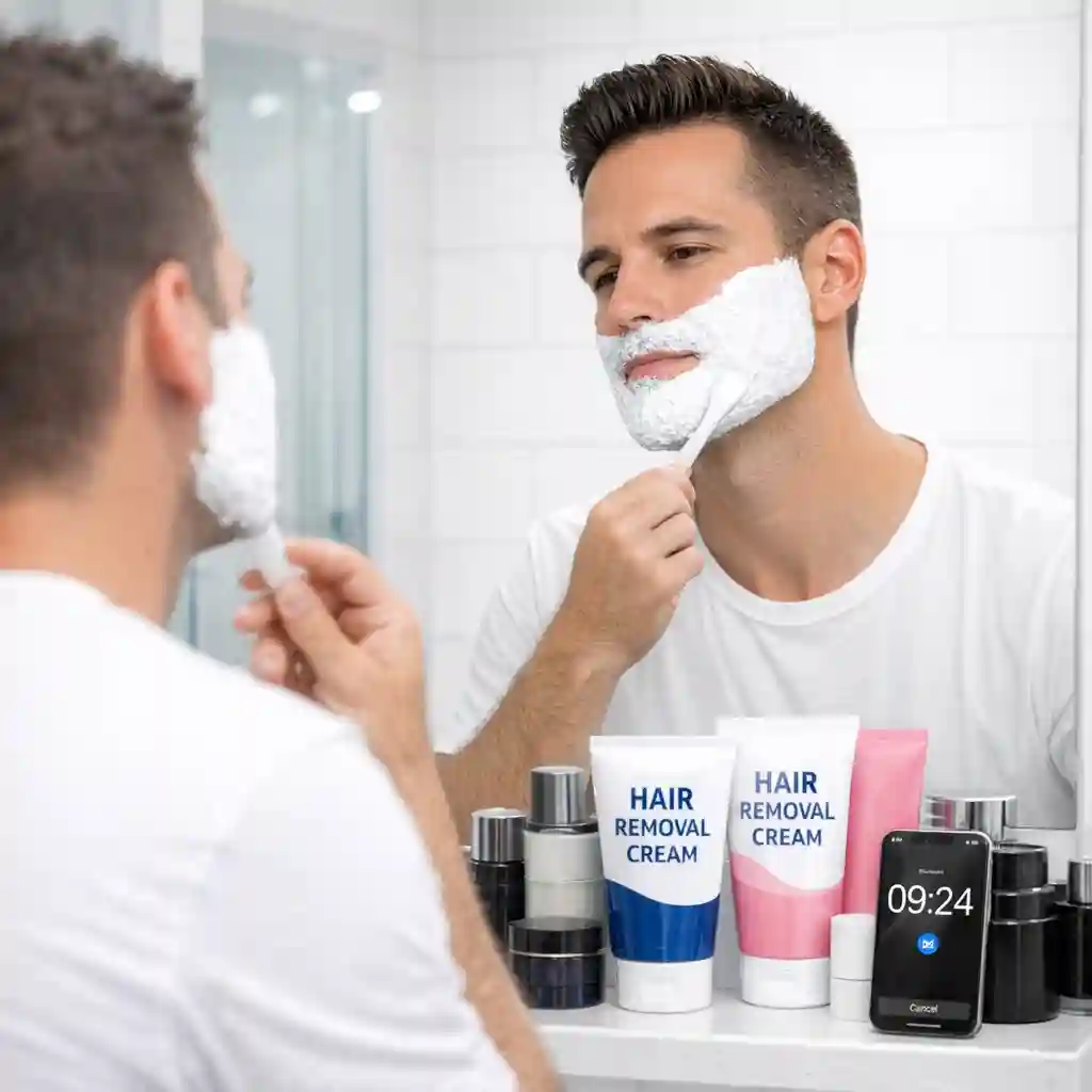 This detailed graphic shows the correct thickness and even application required when using facial hair removal cream on coarse beard hair to ensure complete hair dissolution without leaving behind any patchy stubble or uneven areas.