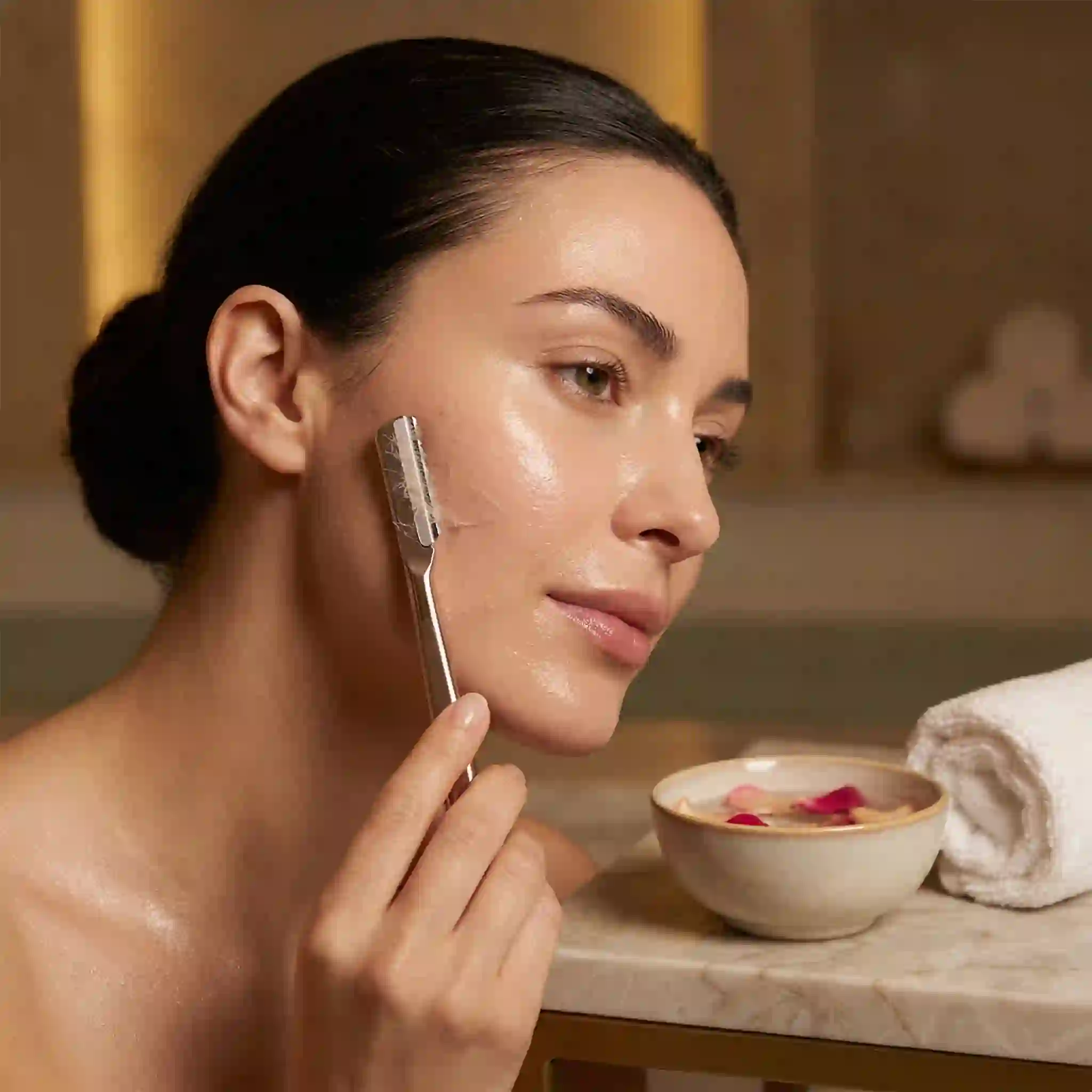 facial hair removal women pre-care routine showing cleansing and gentle exfoliation steps that prepare skin before shaving, creams, waxing, or devices.