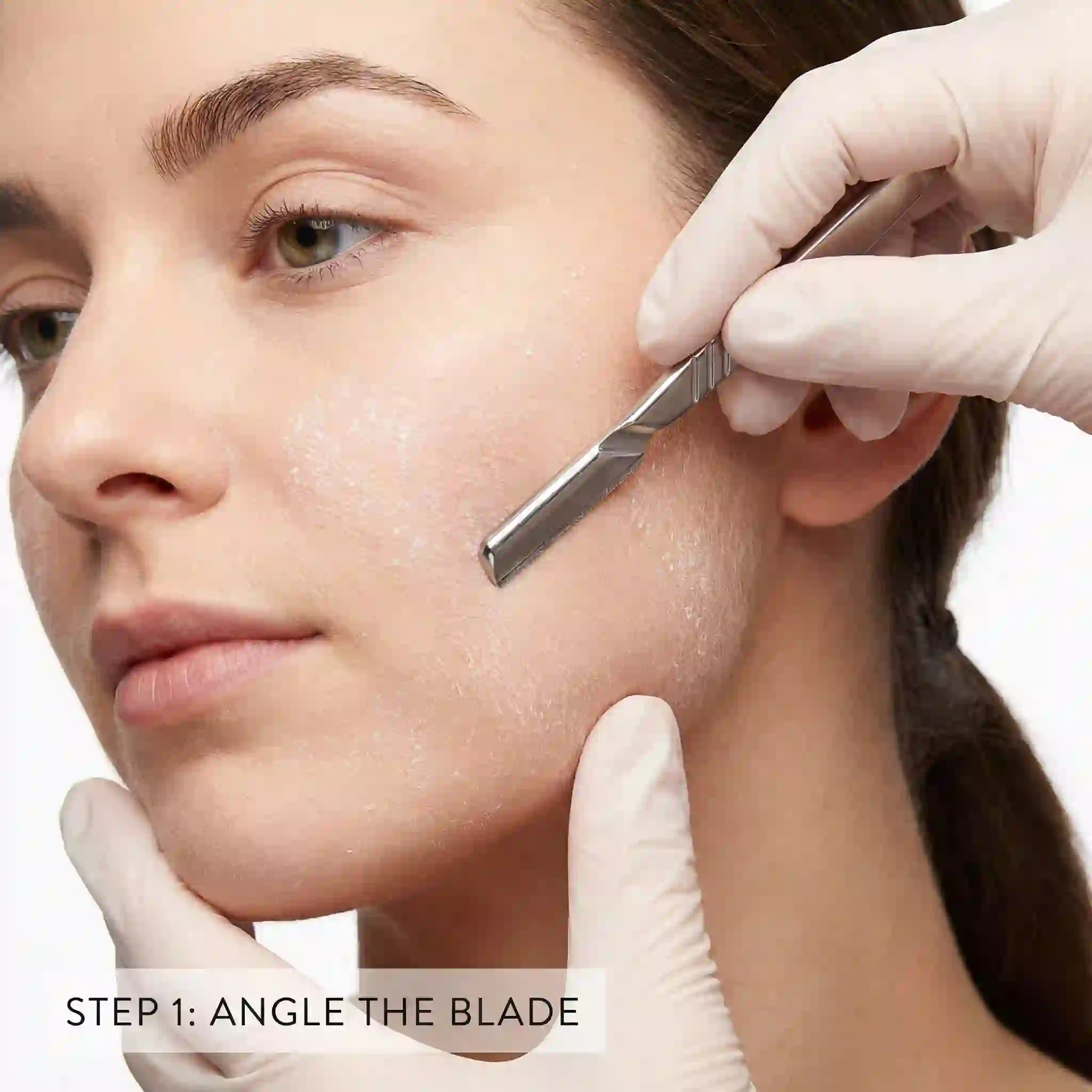 hair identifier spray application guide showing short gentle strokes at a safe angle, helping users shave visible peach fuzz with better control