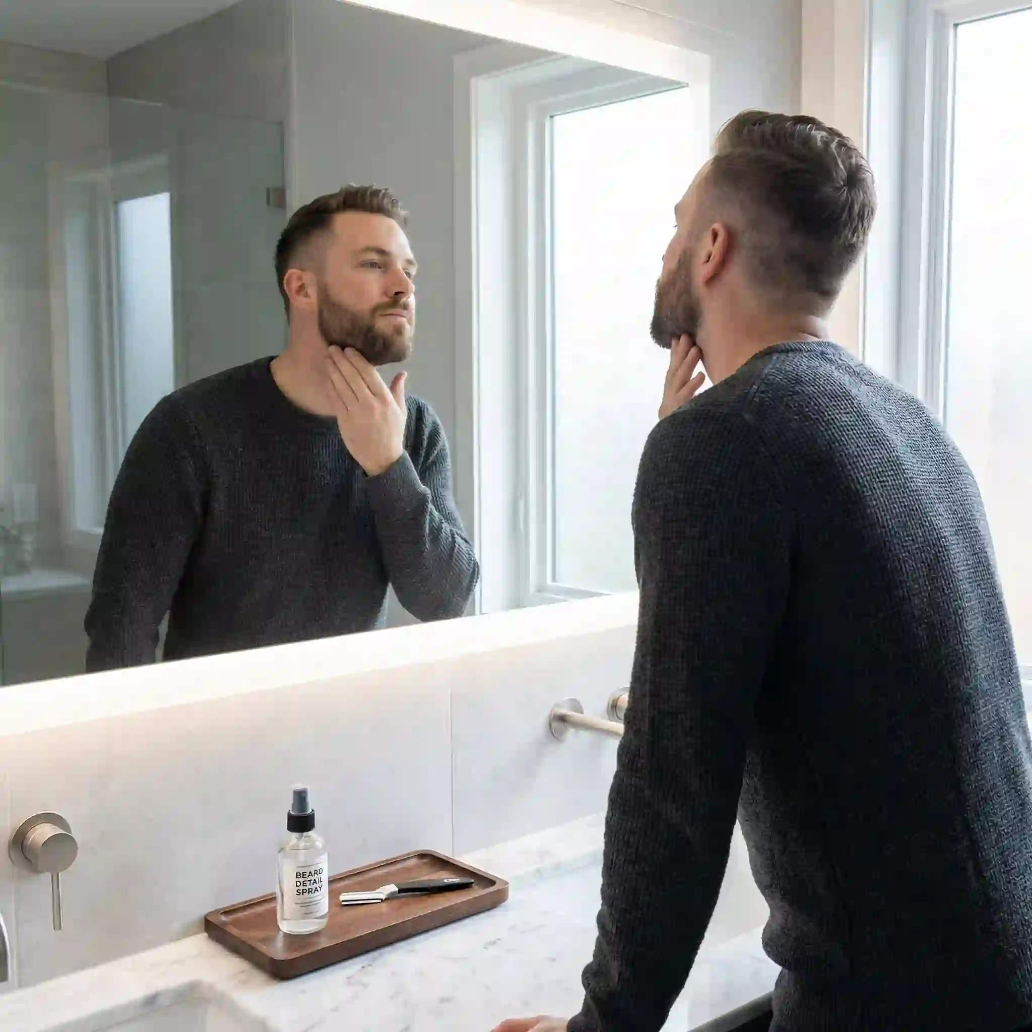 hair identifier spray for modern men preparing for events, photos, or virtual appearances, revealing fine facial hair around the jawline and cheeks