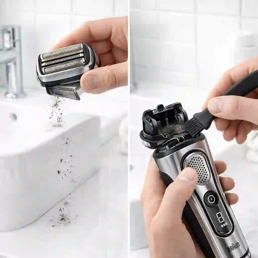 Before using any water, perform a thorough dry clean by gently tapping the foil cassette, a vital technique in learning how to clean electric shaver parts safely.