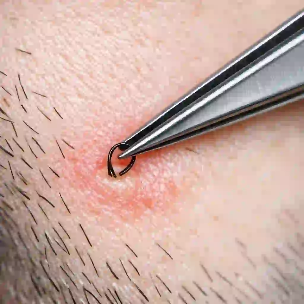 Safe extraction visual for how to get rid of razor bumps, demonstrating warm compress prep and careful release of a visible ingrown hair without digging, plucking, or causing infection.