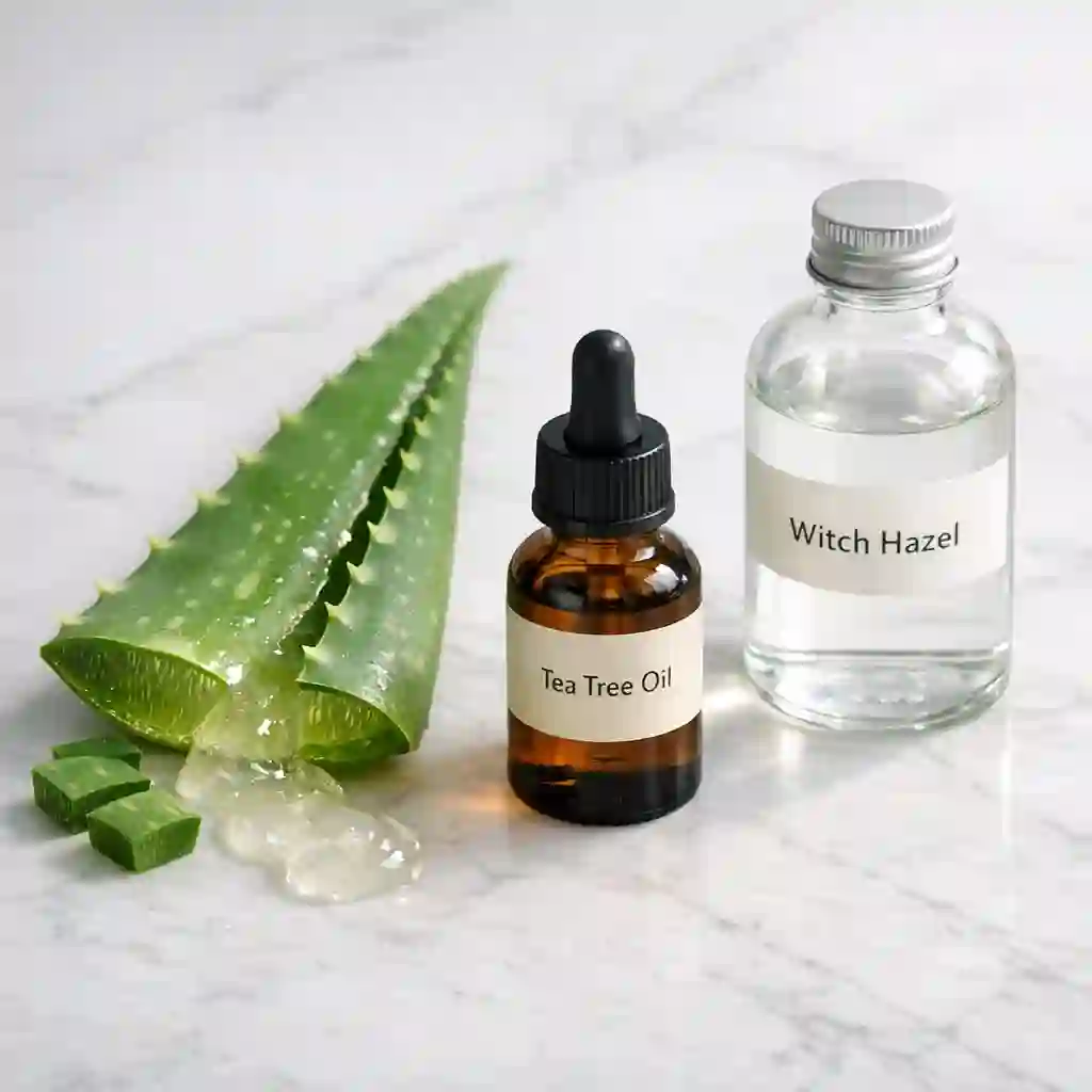 Natural remedy graphic for how to get rid of razor bumps with aloe vera, diluted tea tree oil, and witch hazel to soothe itching, reduce redness, and protect irritated follicles.