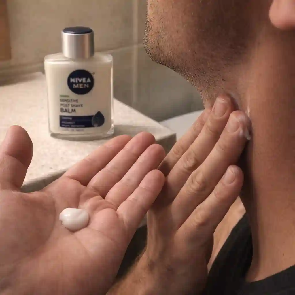 nivea sensitive post shave balm portion guide showing the right amount for gentle upward application across neck cheeks and chin after shaving