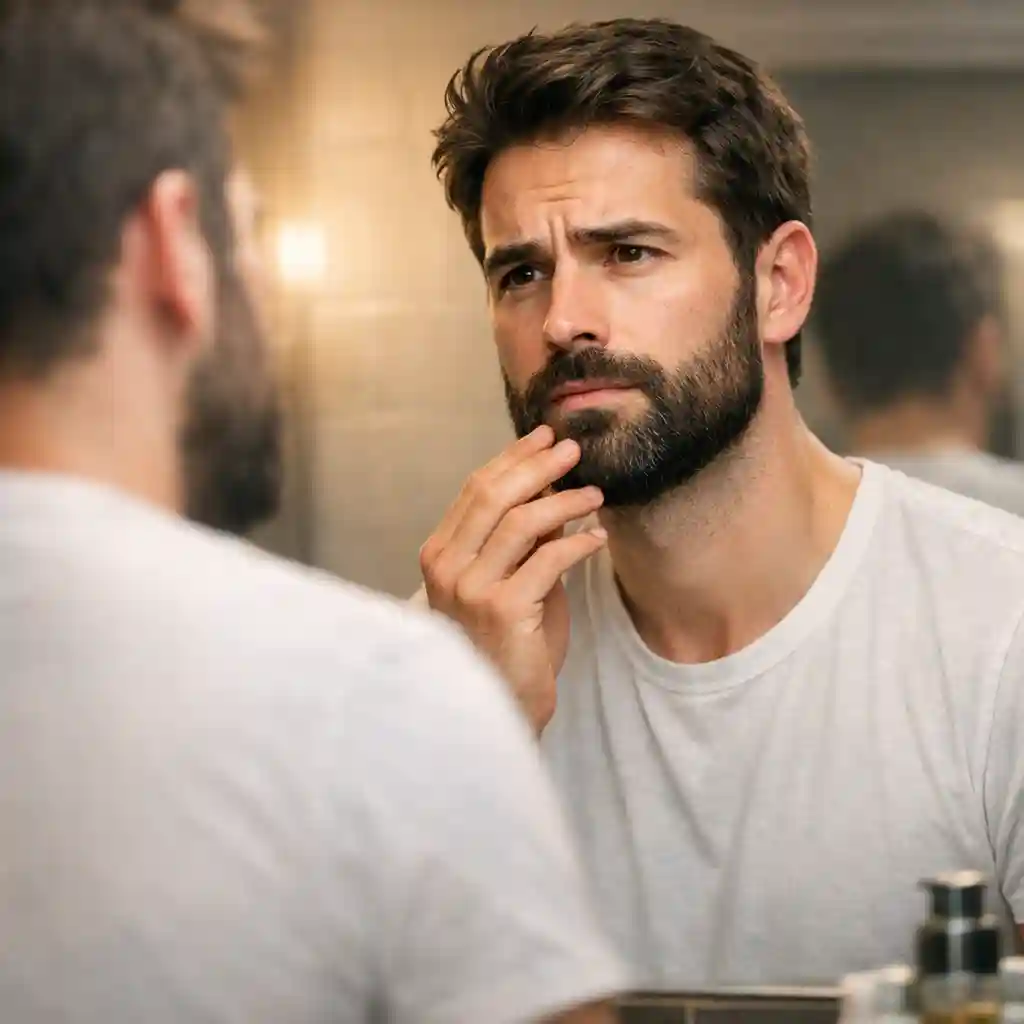 AI beard removal tool preview showing clean-shaven transformation from beard photo