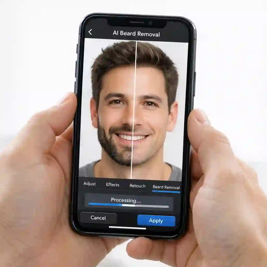 Free app that removes facial hair showing AI-powered beard removal on mobile with natural skin blending