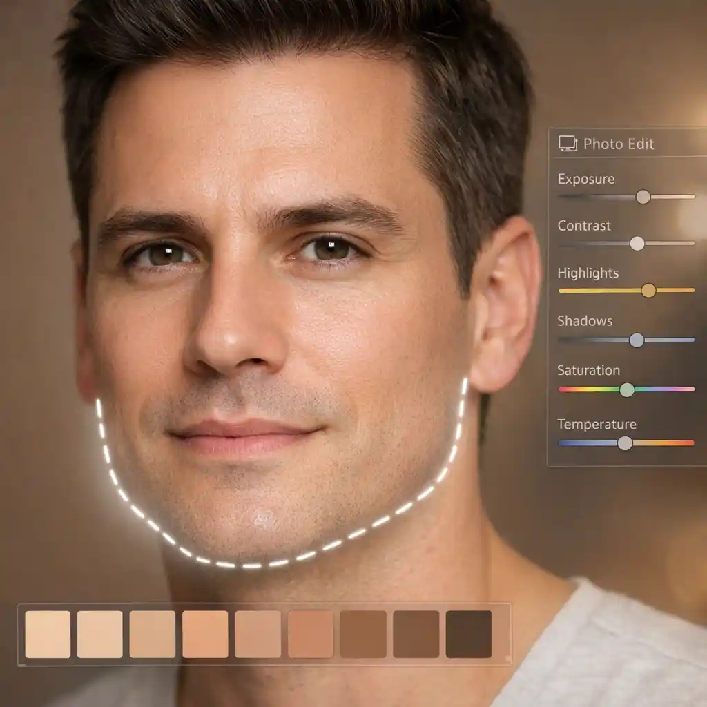 Beauty facial hair beard remover app demonstrating smooth AI-powered beard removal with natural skin texture