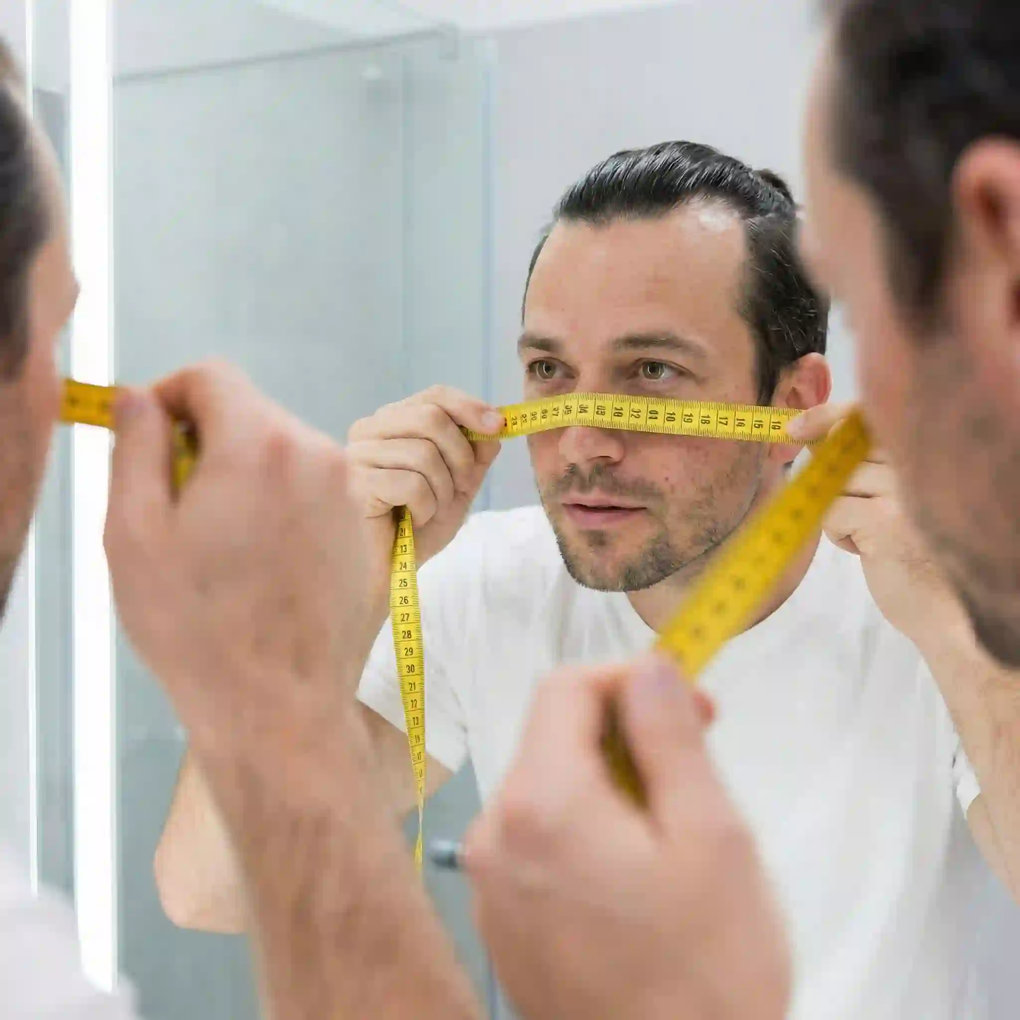 Measuring face shape with tape measure at forehead cheekbones and jawline to find best beard style