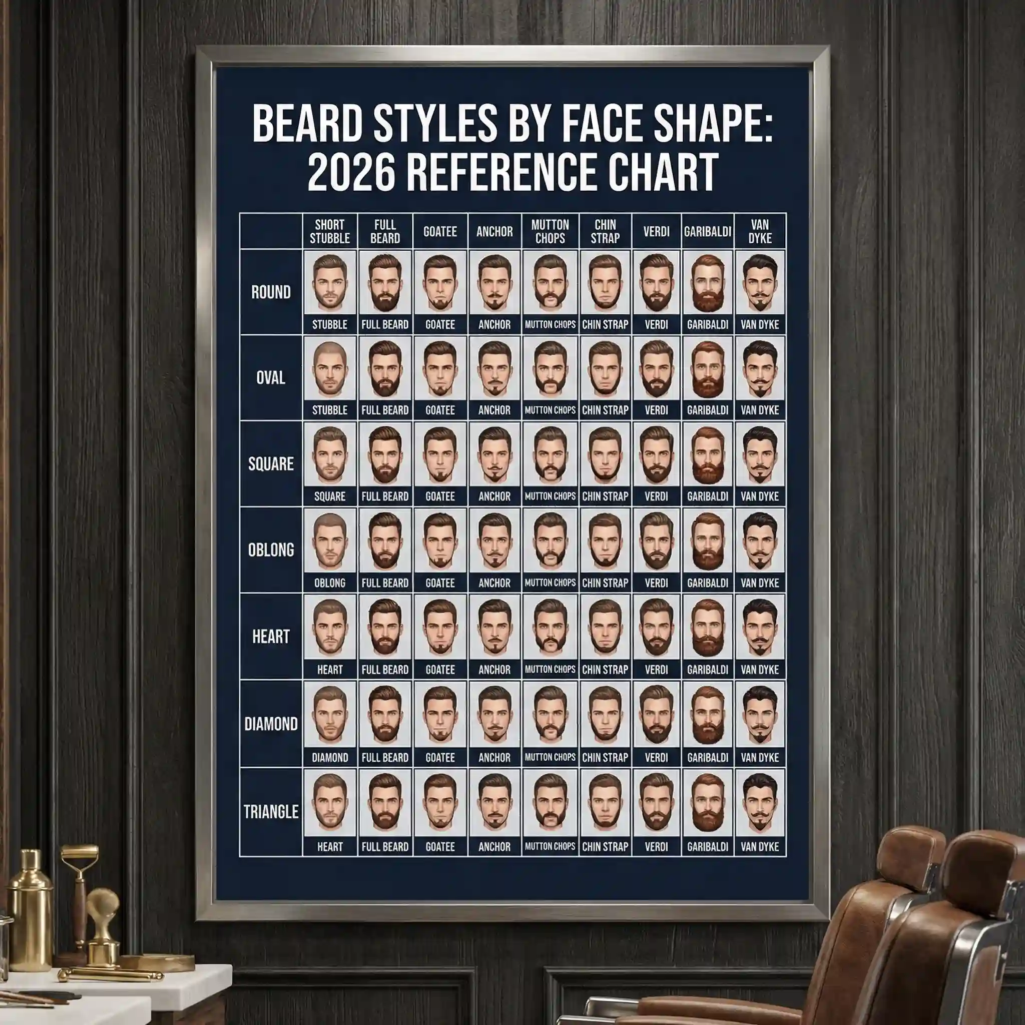 2026 beard for your face shape chart categorizing 15 beard styles as recommended or avoided with 3-minute face test