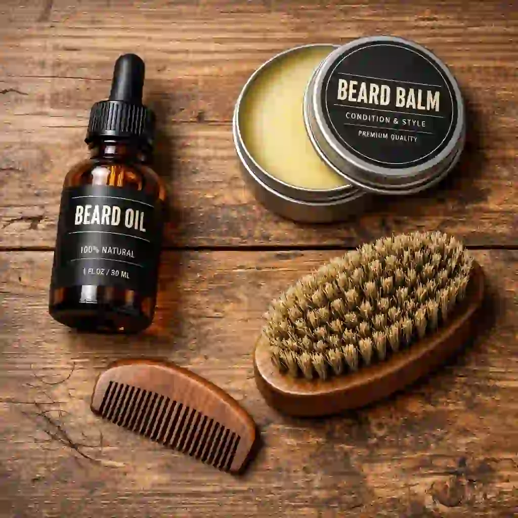 Essential beard grooming products including beard oil balm and brush for daily care and healthy beard maintenance