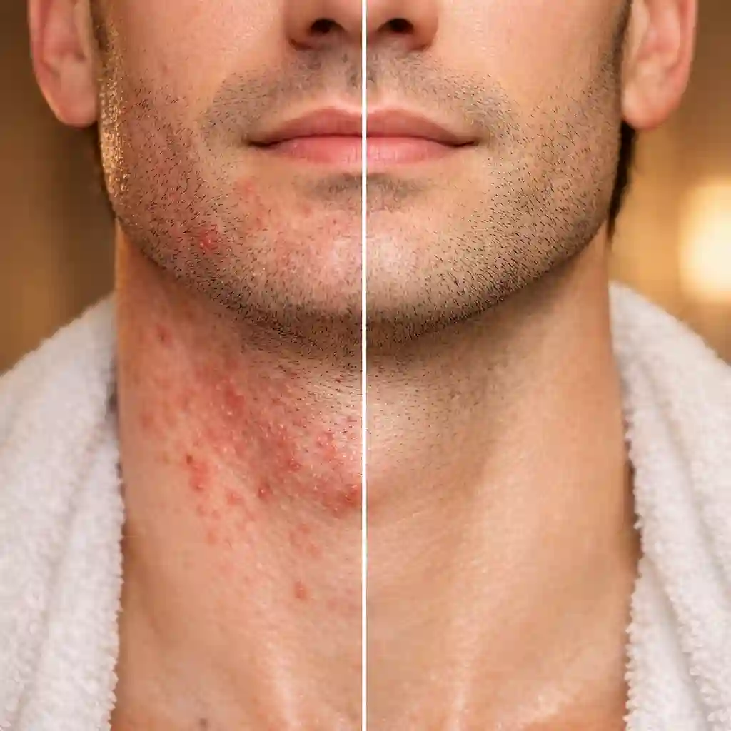 Razor burn on neck treatment showing cool compress aloe vera aftershave balm and shaving with the grain technique