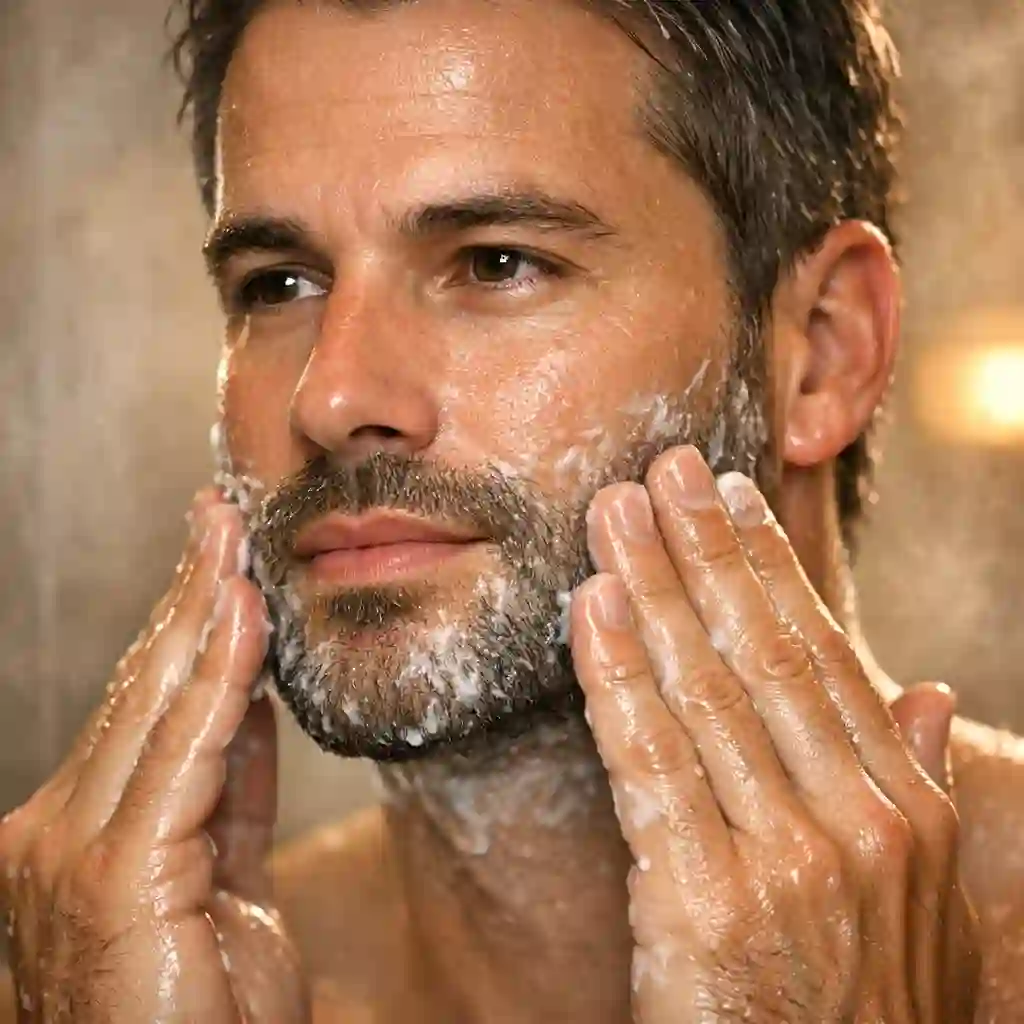 Pre-shave preparation showing warm shower steam and face wash to soften beard hair and open pores before shaving