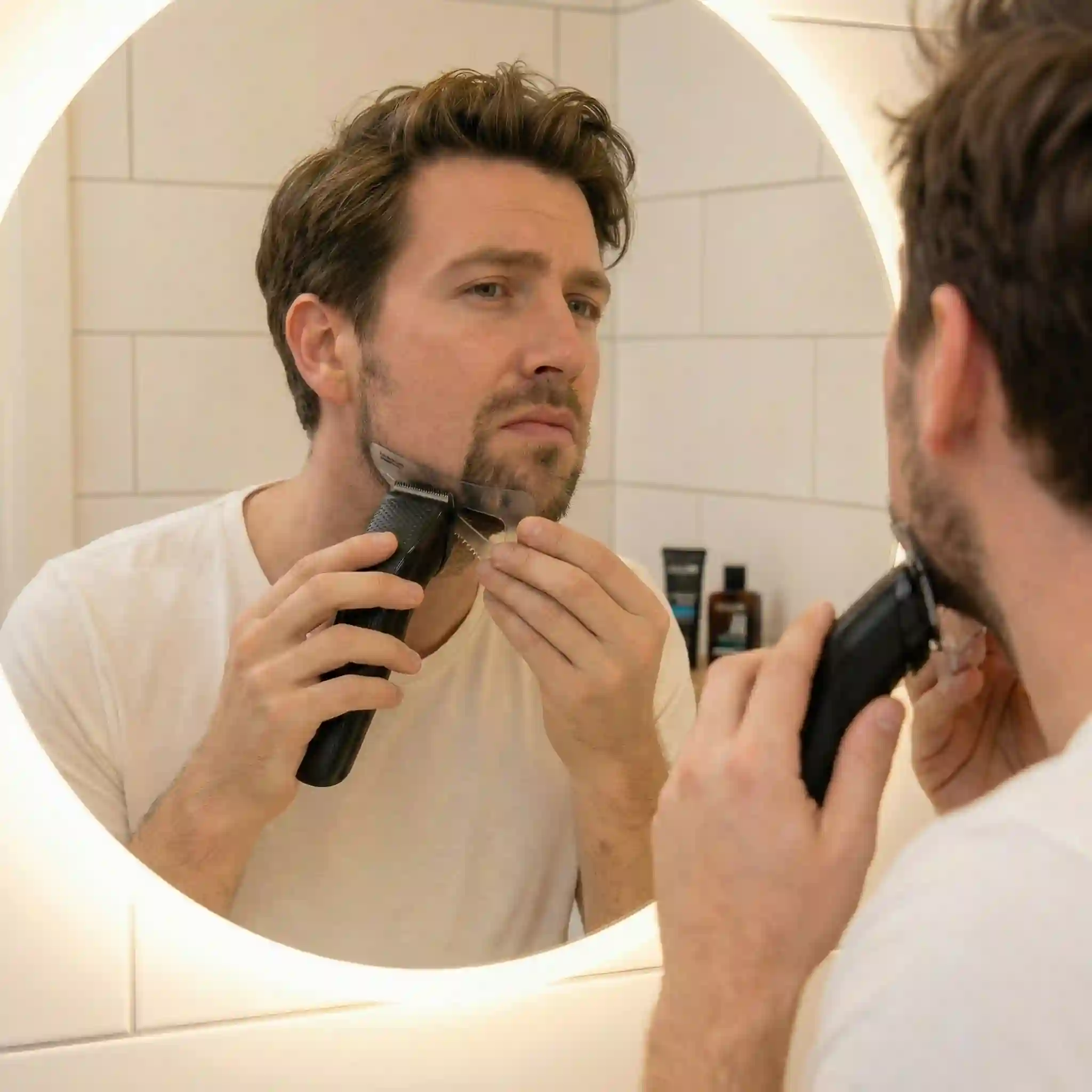 Beard enhancer guide card showing product reviews for growth serum filler pen trimmer and shaping tools for fuller facial hair