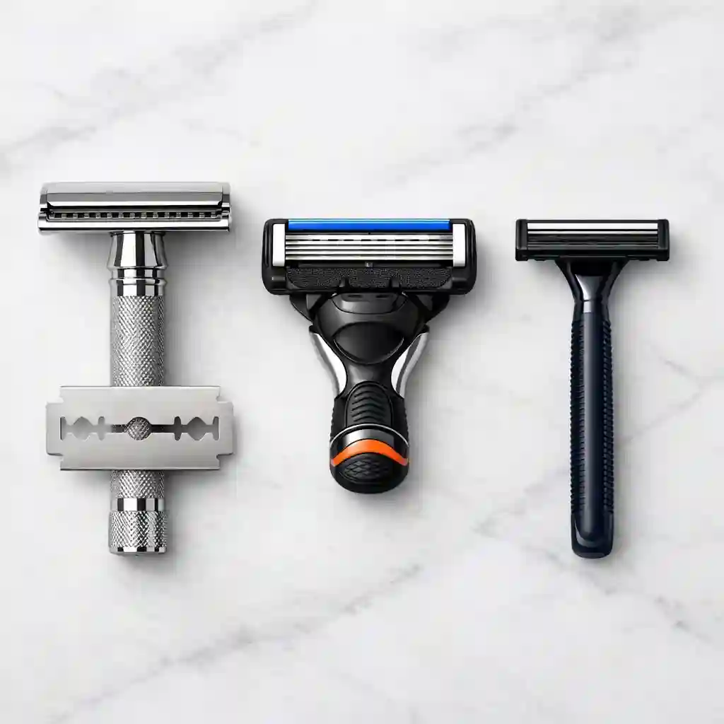 Blade selection guide comparing multi-blade cartridge razor and safety razor for clean close shave results