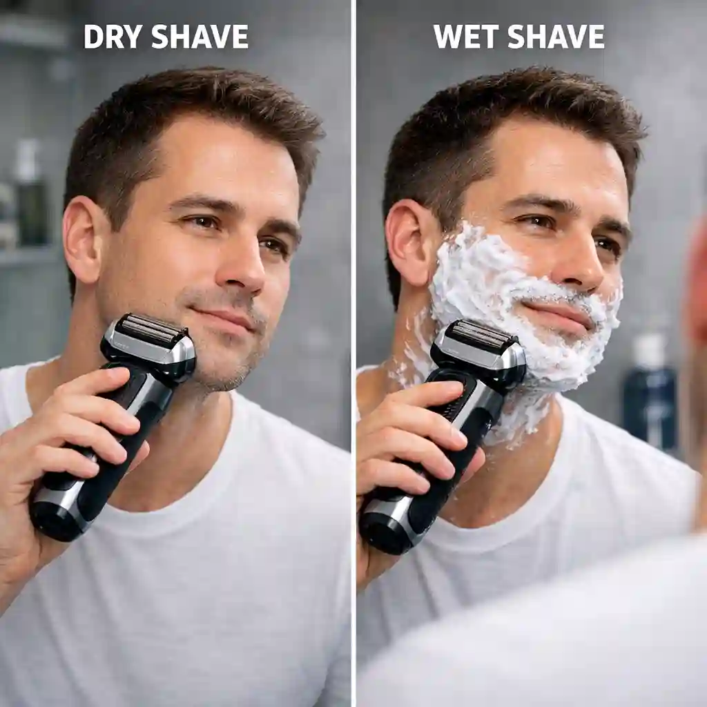 Electric shaver dry vs wet shaving comparison showing comfort results and cleaning maintenance tips for sensitive skin