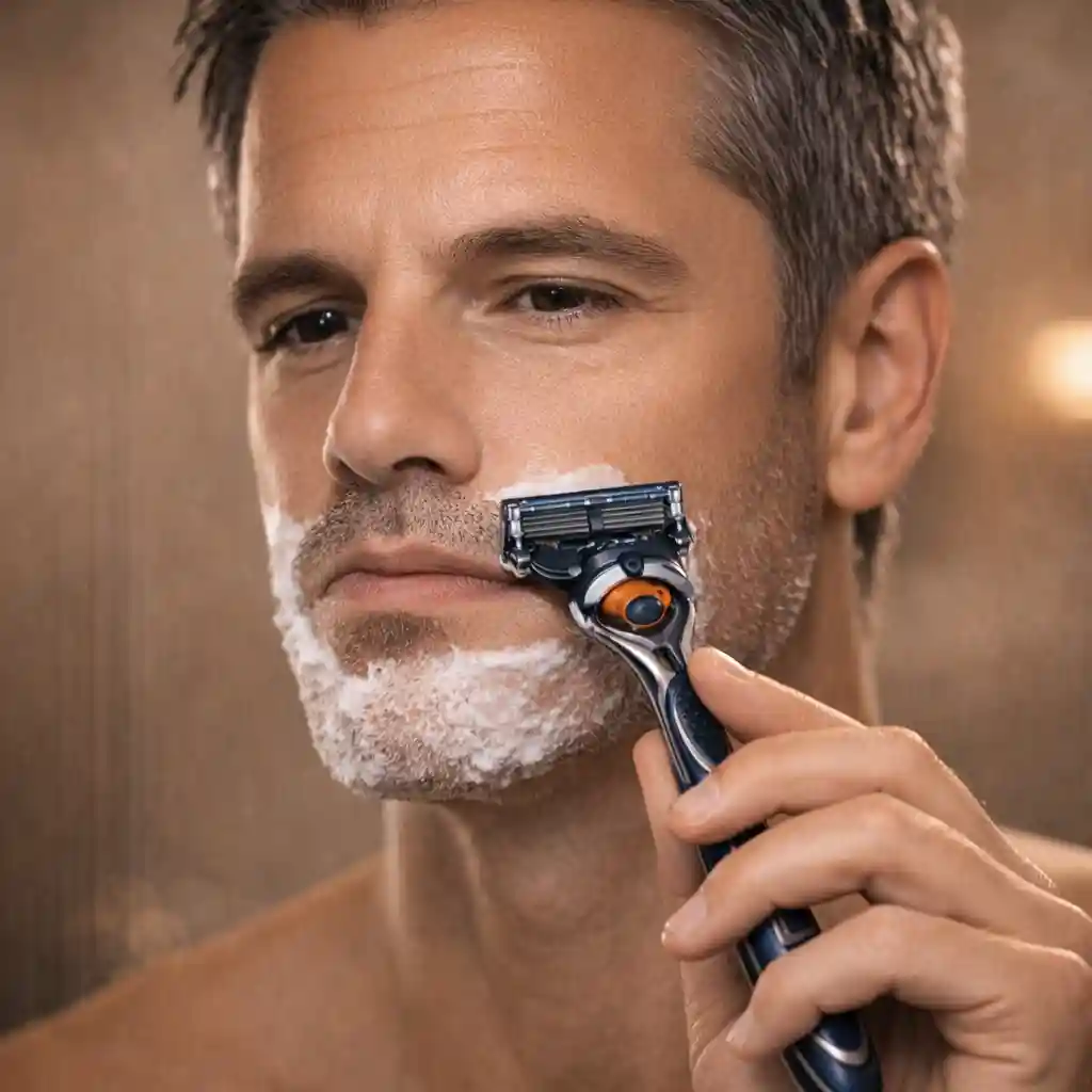 Upper lip shaving technique showing skin stretching and downward short strokes for a clean irritation-free shave