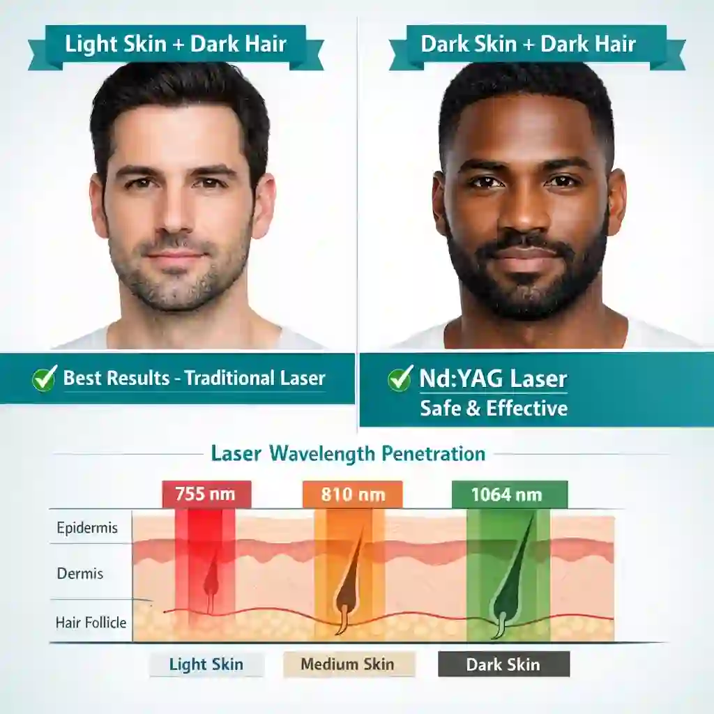 Laser skin tone myth showing Nd YAG laser advances that safely treat darker skin tones for beard hair removal