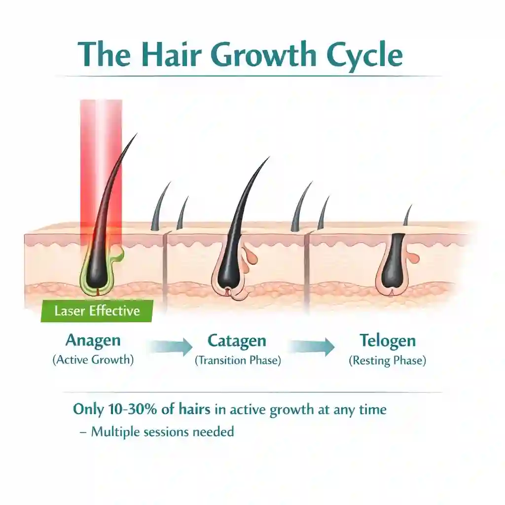 Laser hair removal sessions myth showing why multiple treatments are needed to target all follicles in growth cycle