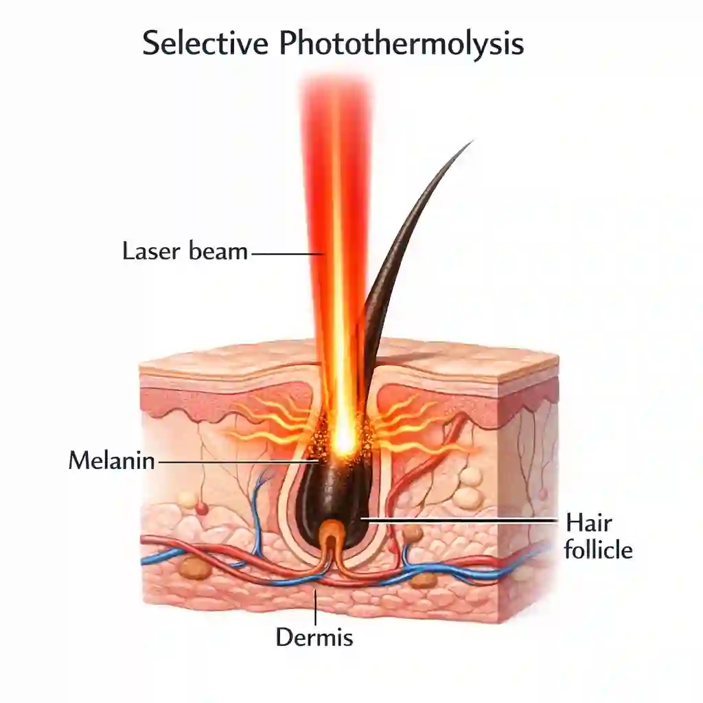 Selective photothermolysis diagram showing how laser light targets melanin in beard hair follicles to inhibit regrowth