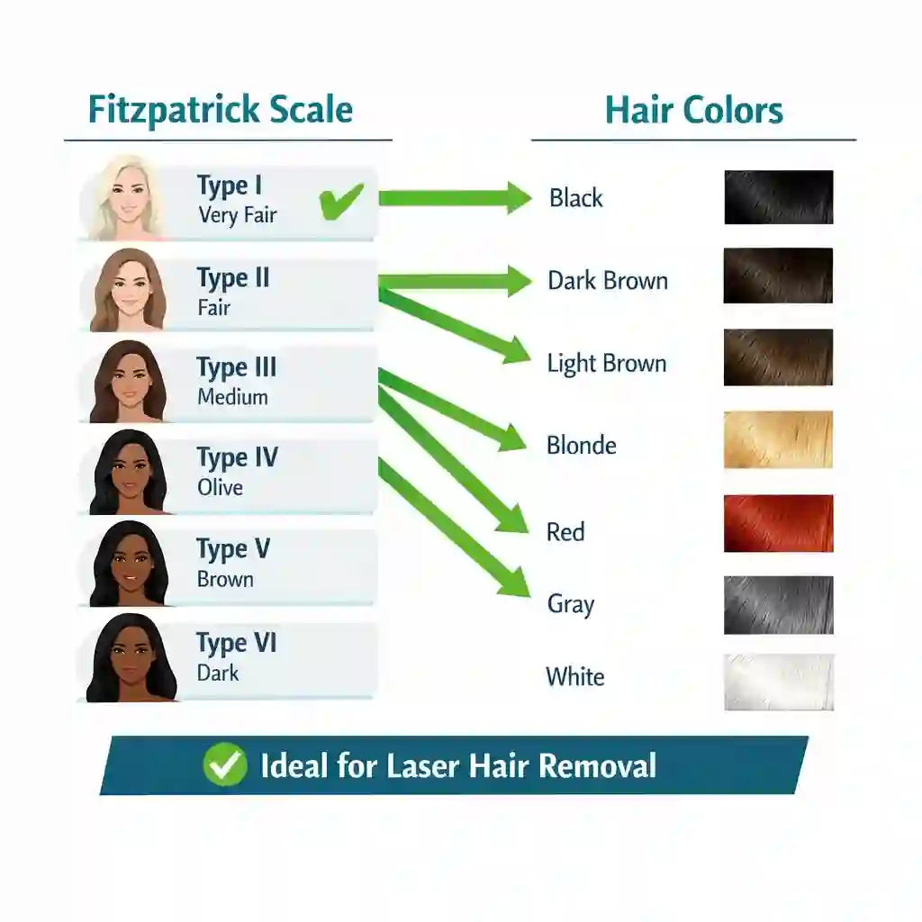 Laser hair removal candidacy chart showing skin tone and hair color contrast requirements for effective treatment