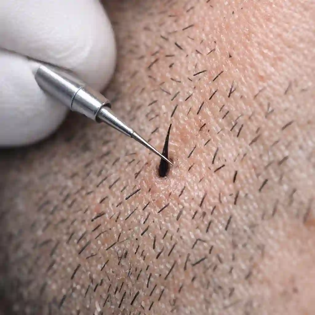 Beard electrolysis procedure showing fine probe insertion into hair follicle with electrical current for permanent removal