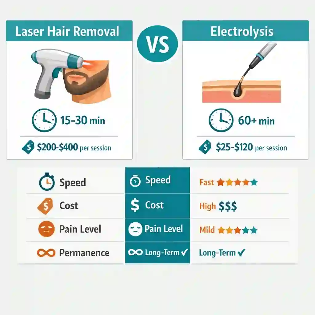 Laser vs electrolysis beard removal comparison table covering speed cost pain levels and permanent results achieved