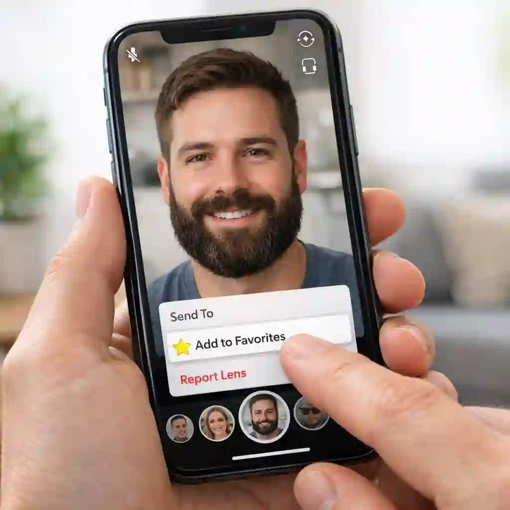 How to save Snapchat filters step-by-step guide showing how to add beard lenses to favorites and retrieve discontinued filters